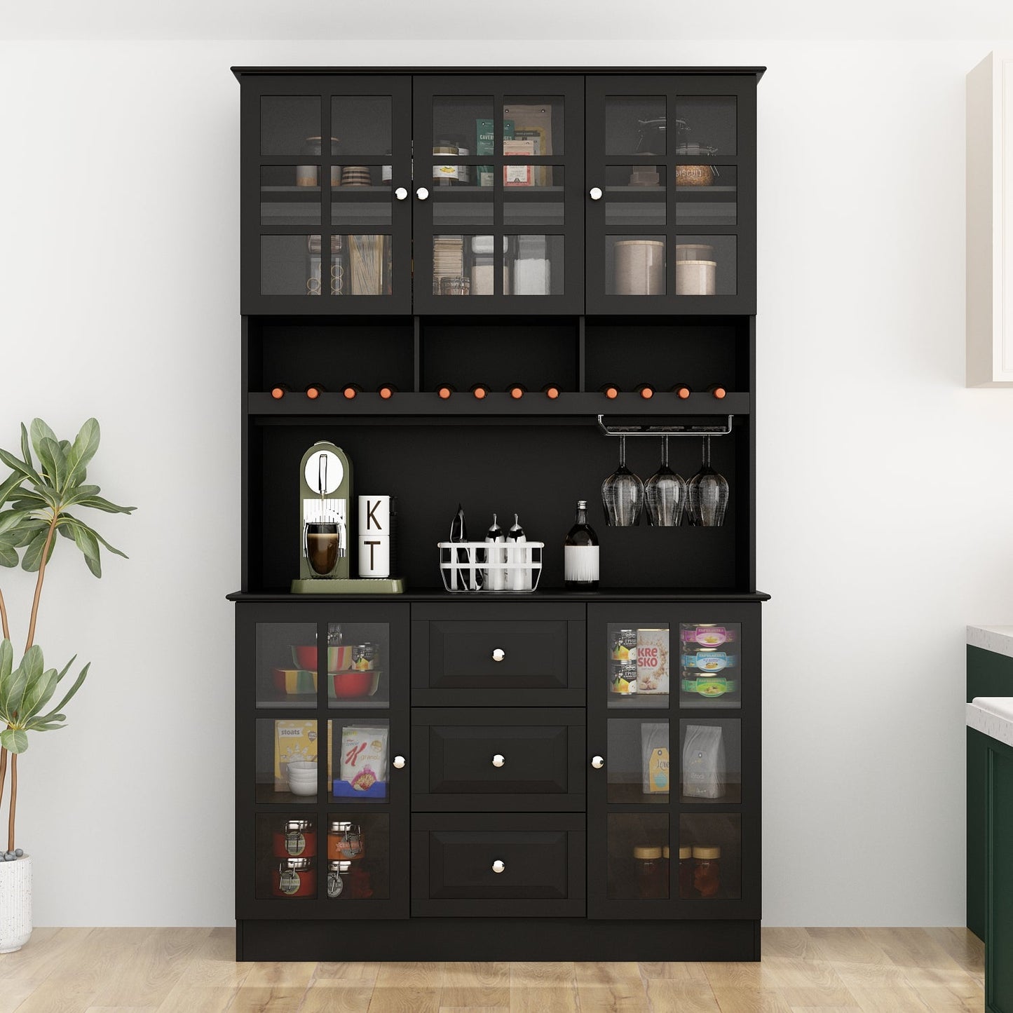 Buffet bar avec porte vitrée, vaisselier de cuisine avec tiroirs, porte-verres et casier à vin