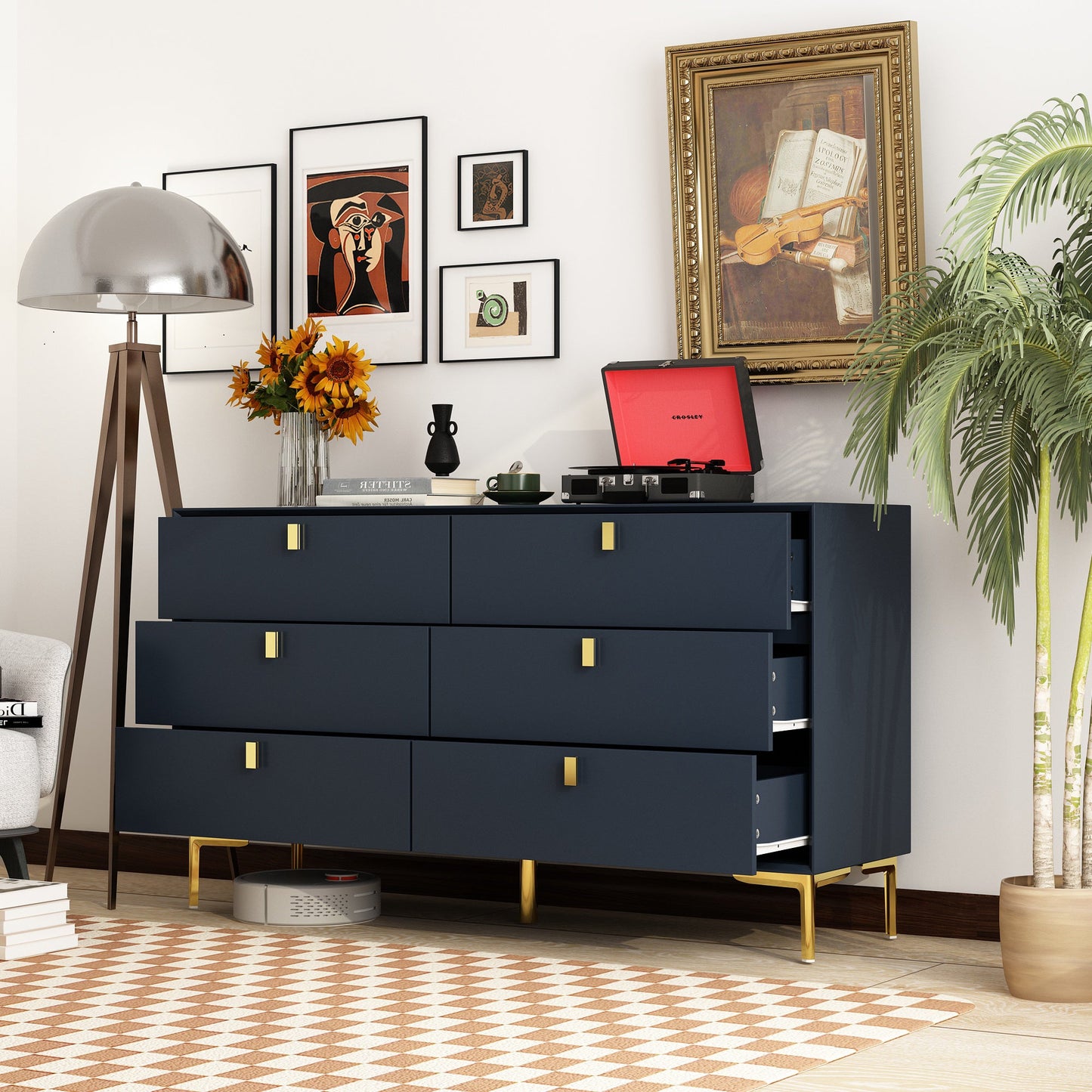 Buffet/commode à 6 tiroirs avec pieds en métal pour le rangement à domicile