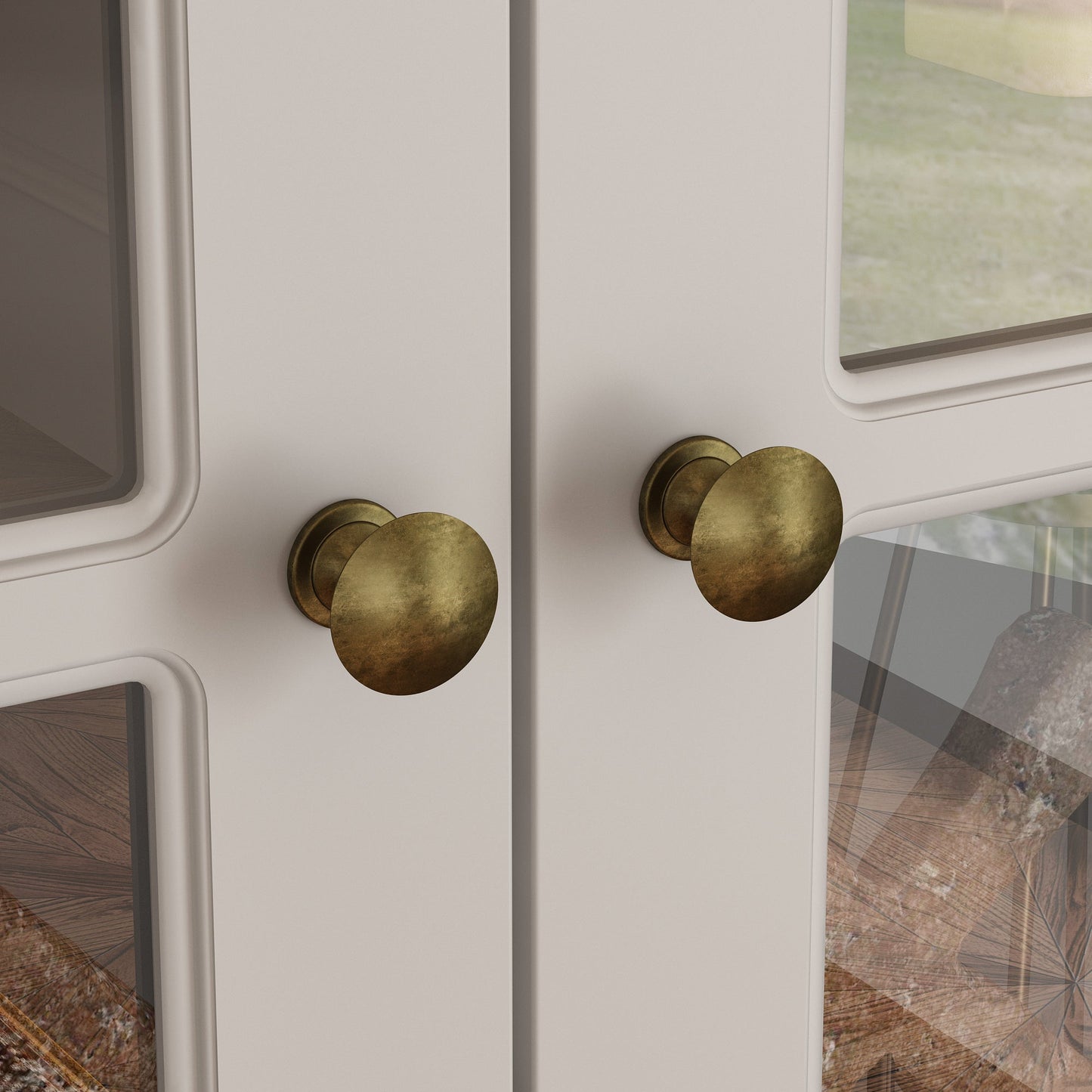 Grande bibliothèque vitrine avec étagères de rangement, 3 portes vitrées et 4 tiroirs avec poignées en métal