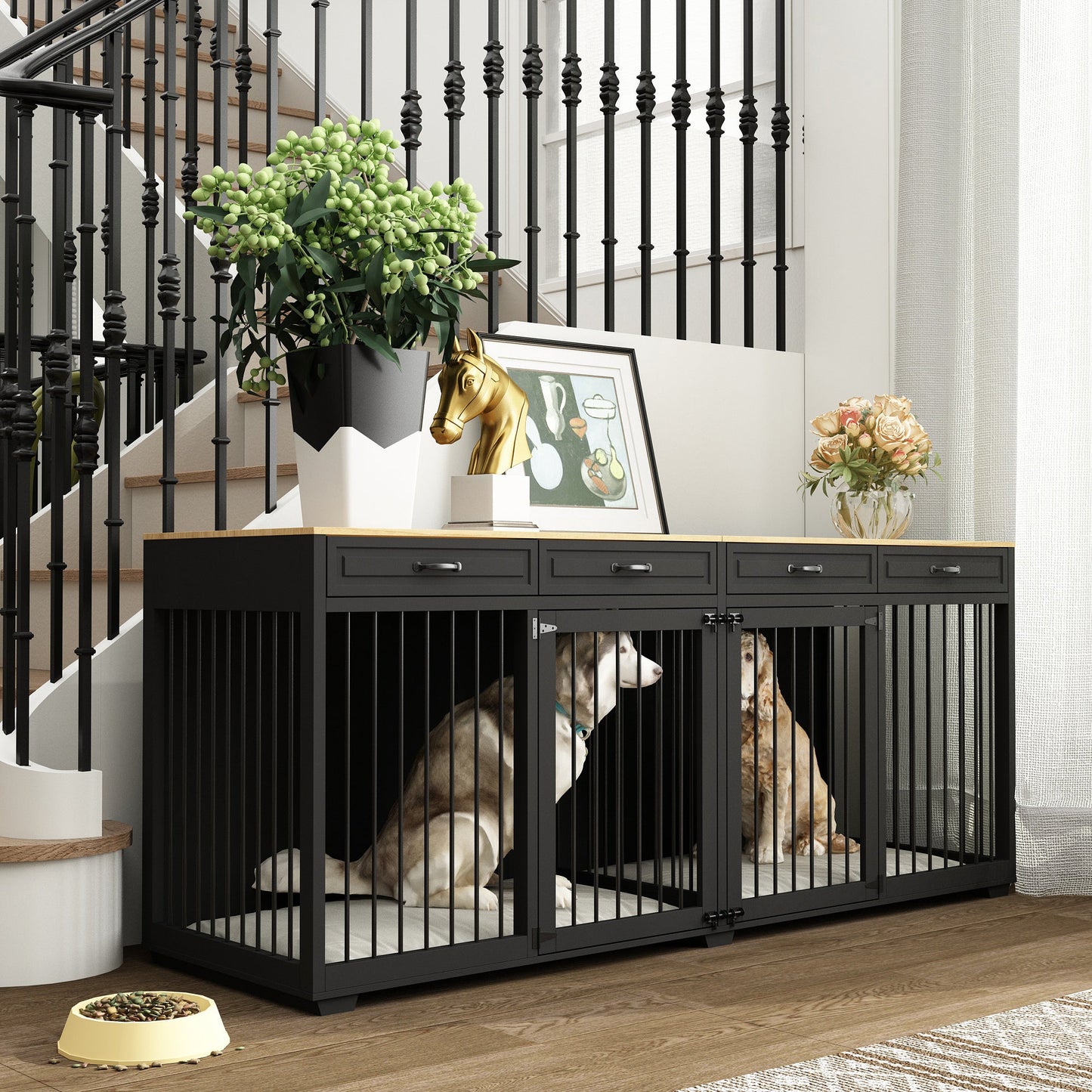 Meuble pour grande cage de chien avec séparateurs et 4 tiroirs