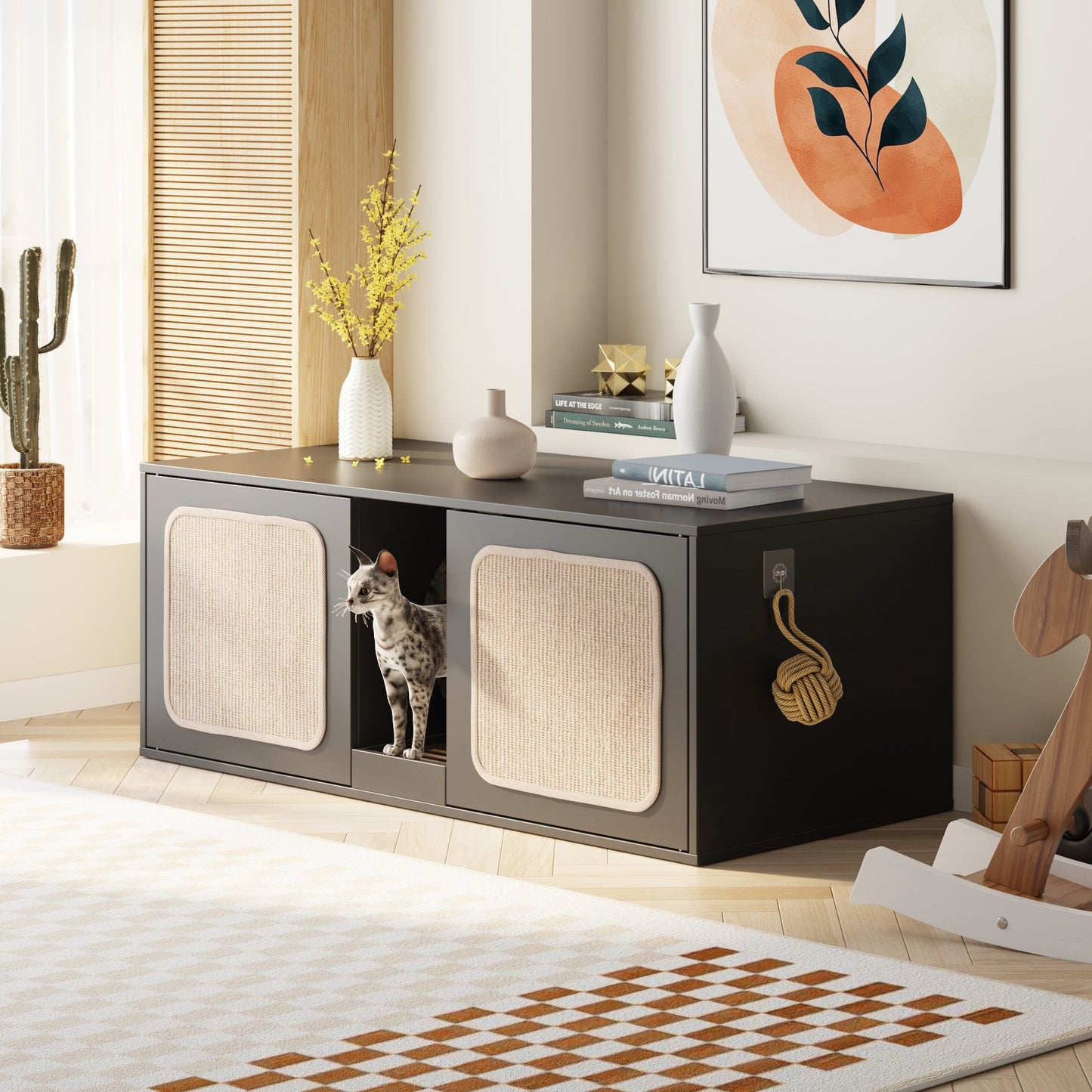 Enclos double pour litière avec portes en sisal et rangement