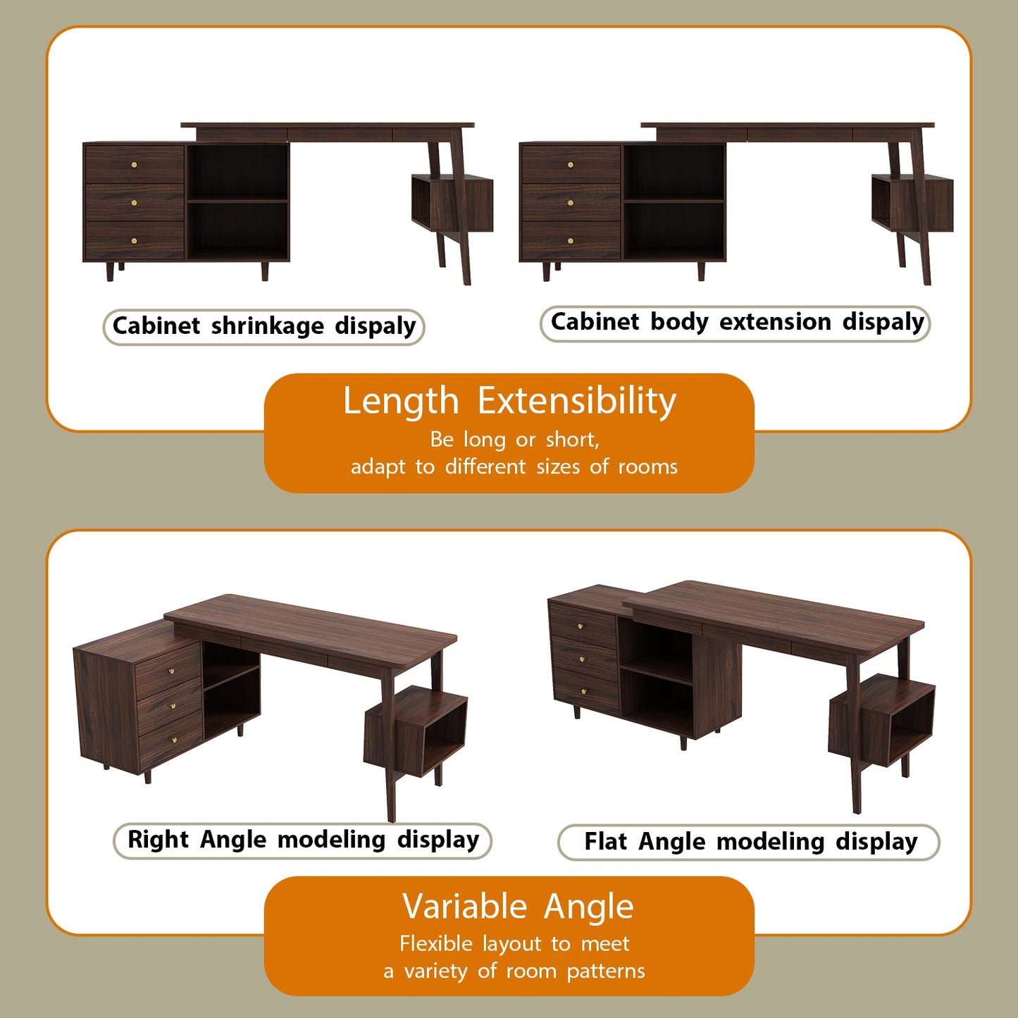 Bureau d'ordinateur en forme de L pour bureau à domicile, bureau moderne avec 3 tiroirs et pieds en bois