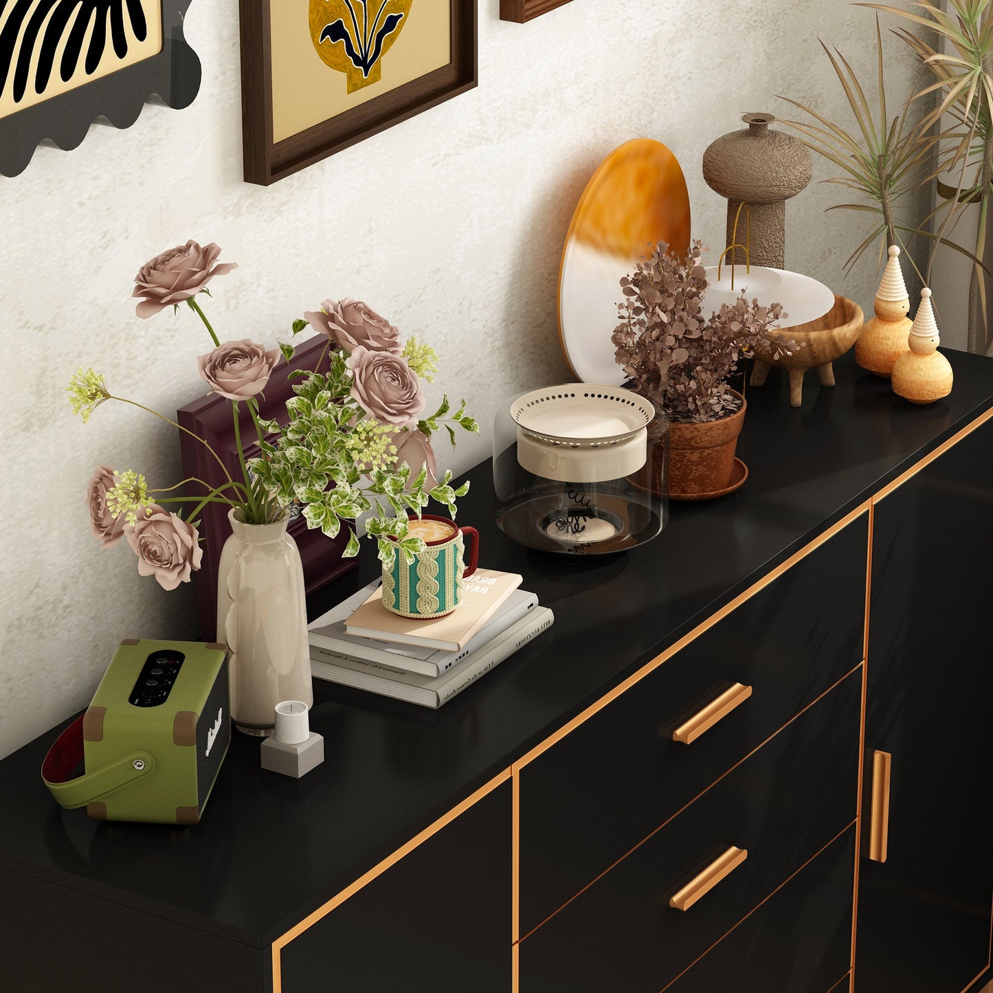 Commode à 2 portes et 4 tiroirs avec étagères réglables