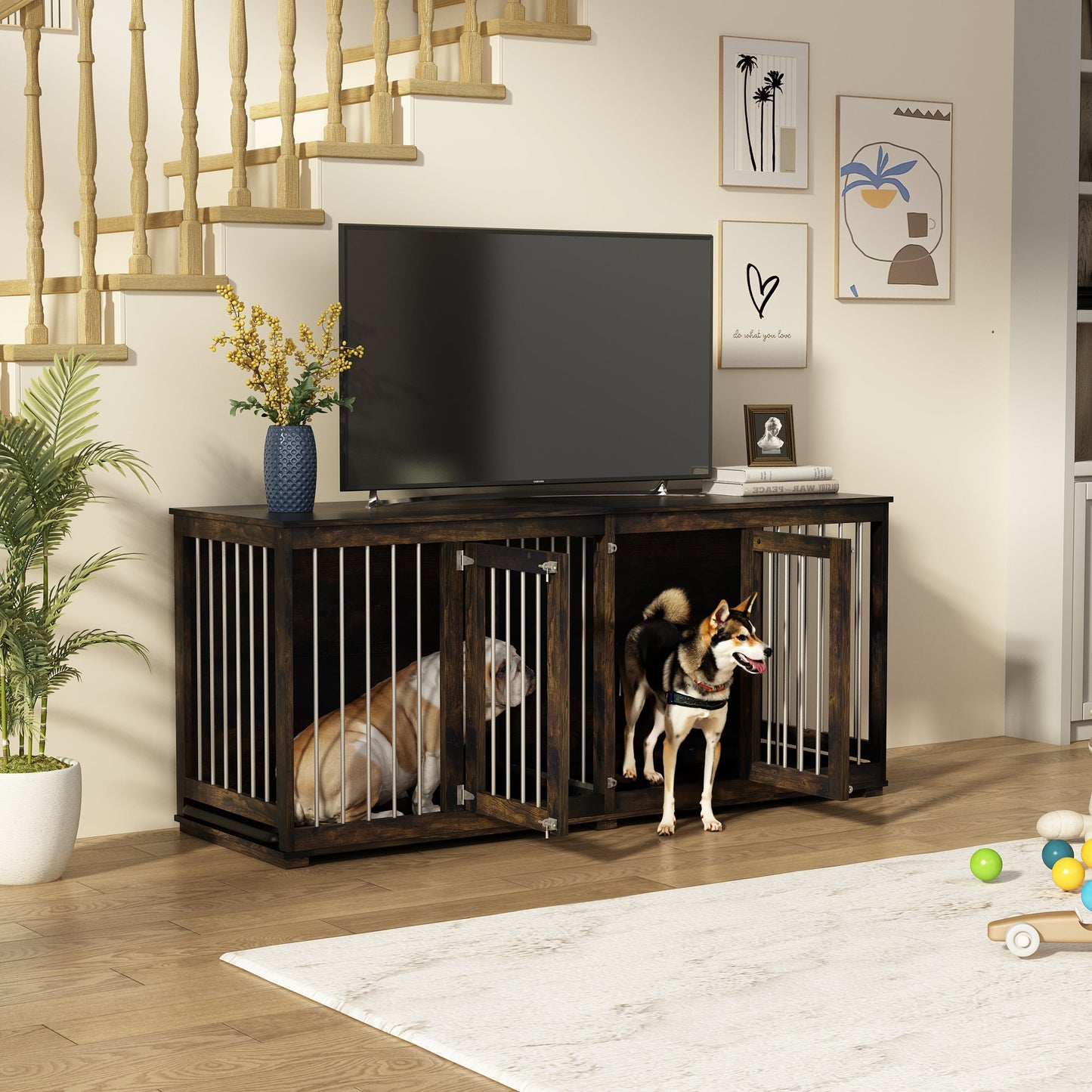 Cage pour animaux de compagnie à double porte de grande taille avec structure renforcée en acier