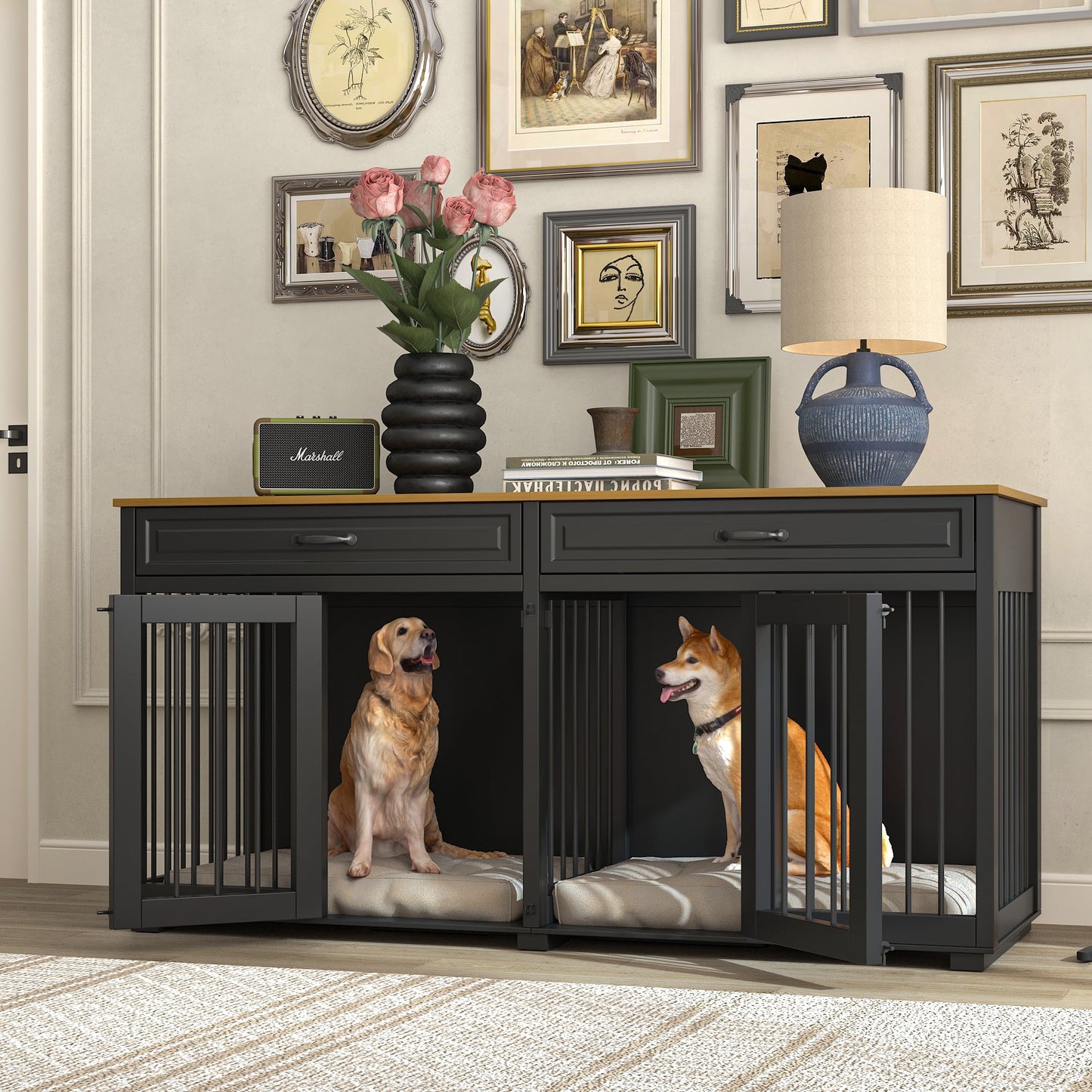 Grande cage en bois pour chien avec séparateur et table d'appoint
