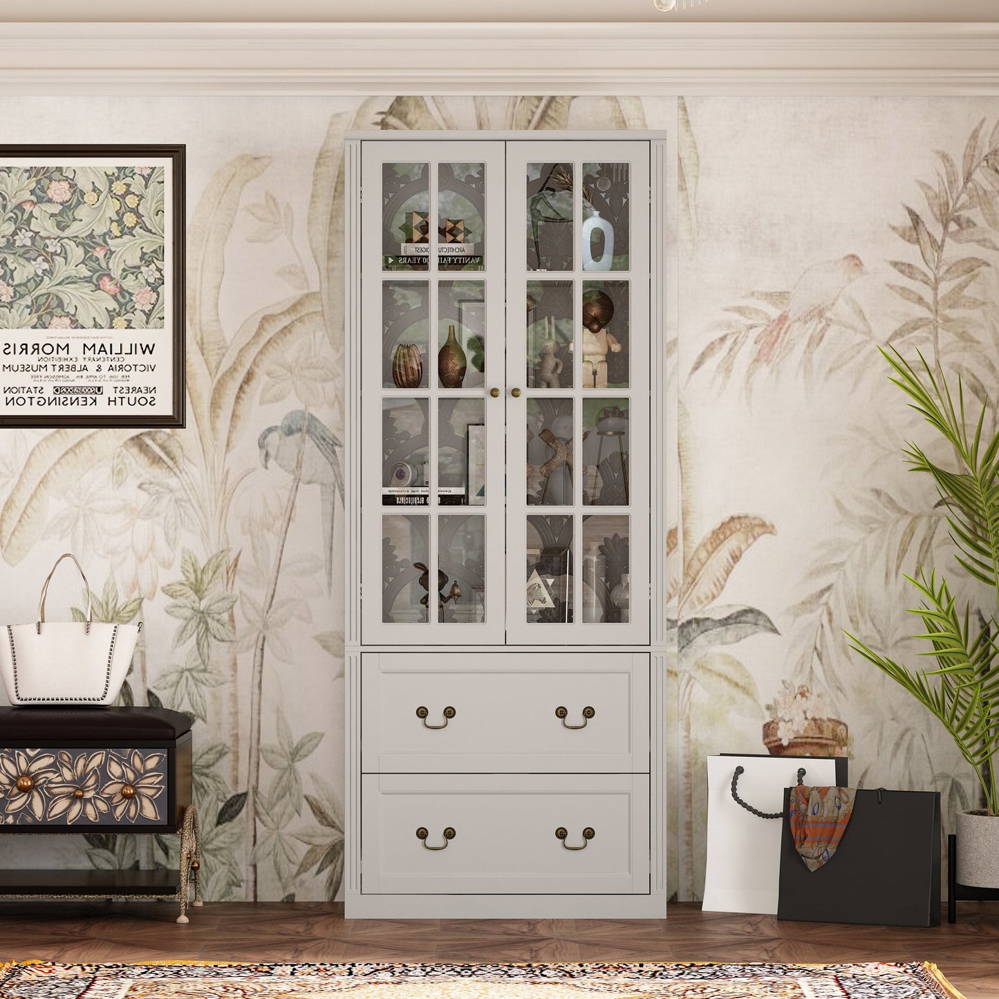 Bibliothèque vitrine avec 2 tiroirs et portes vitrées