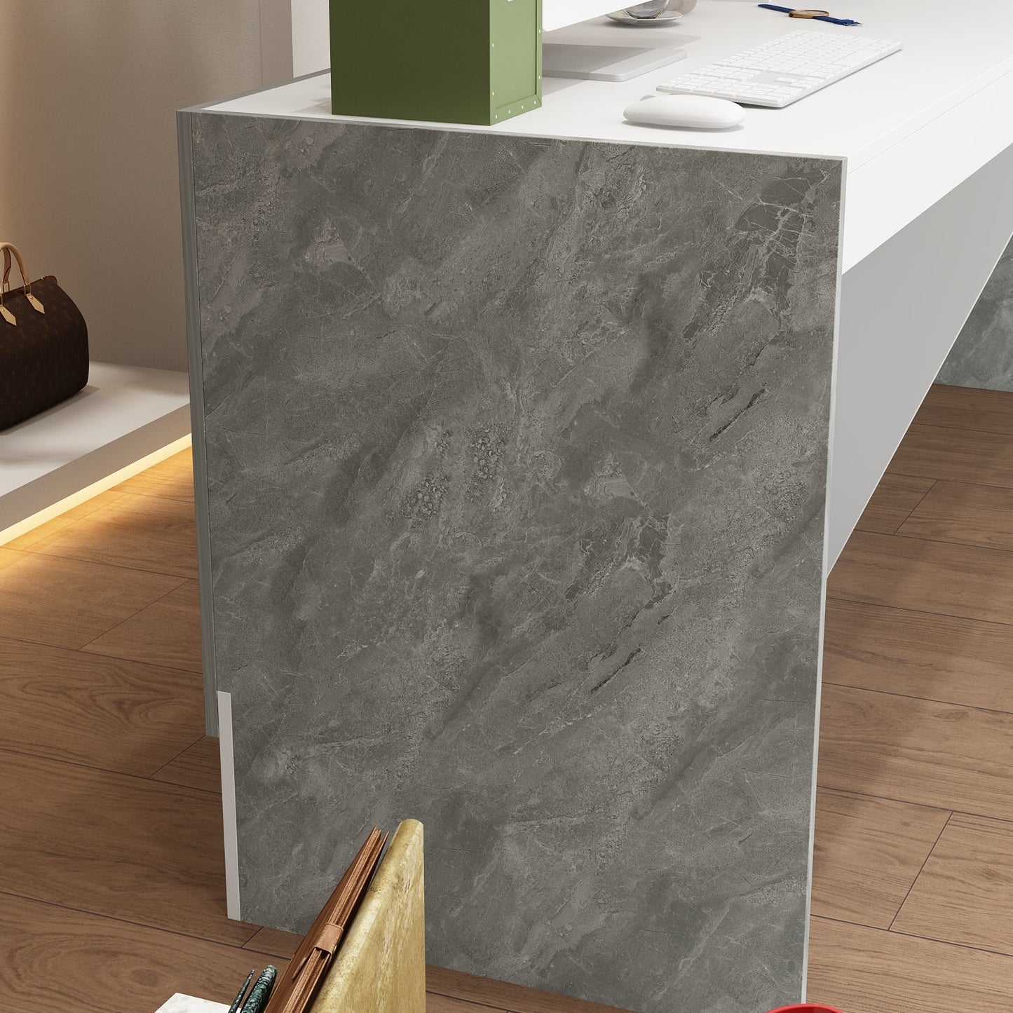 Bureau d'accueil rectangulaire de 86,6 pouces de large avec étagères ouvertes