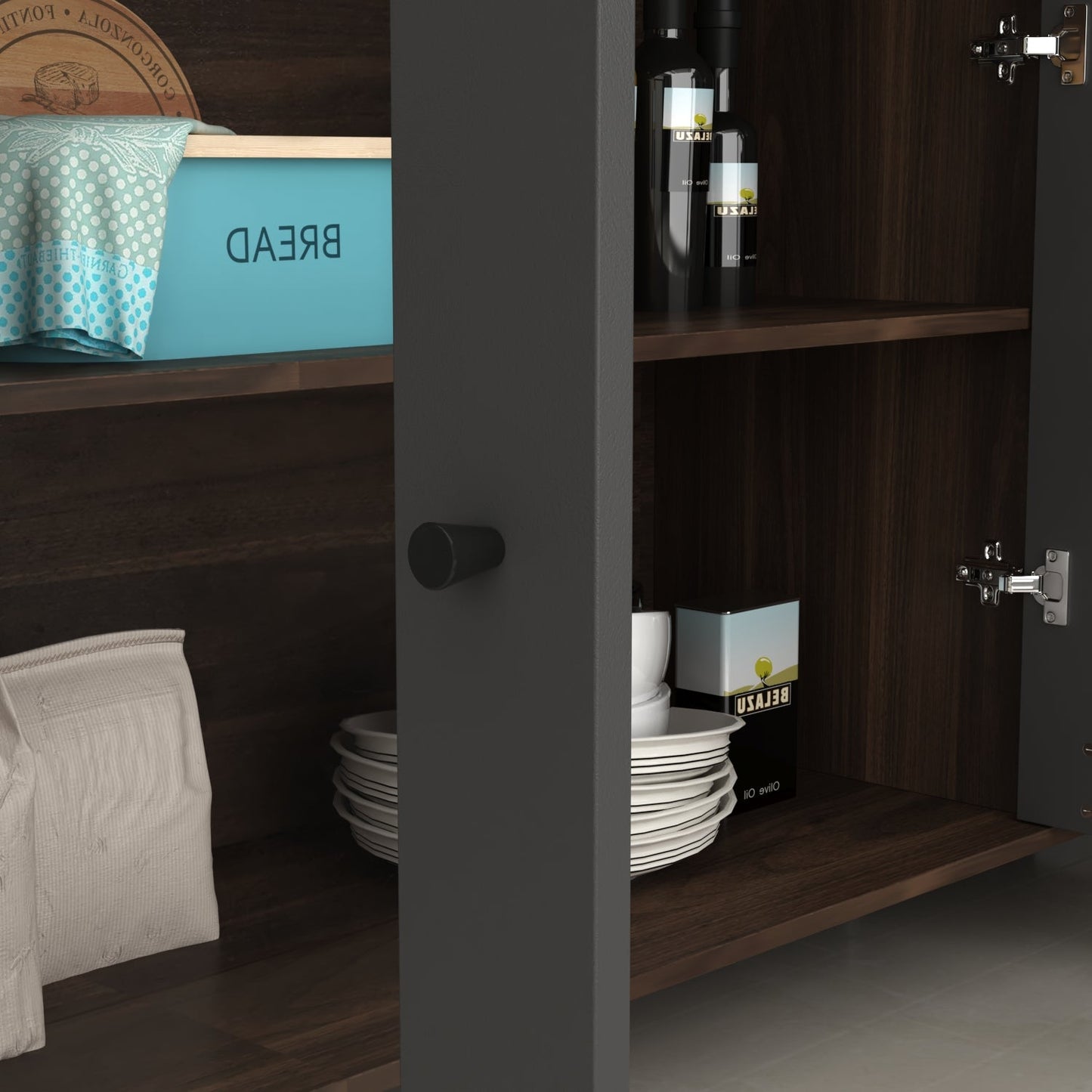 Grand placard de rangement de cuisine 63W avec étagère supérieure, 4 portes, 4 tiroirs et étagère pour micro-ondes