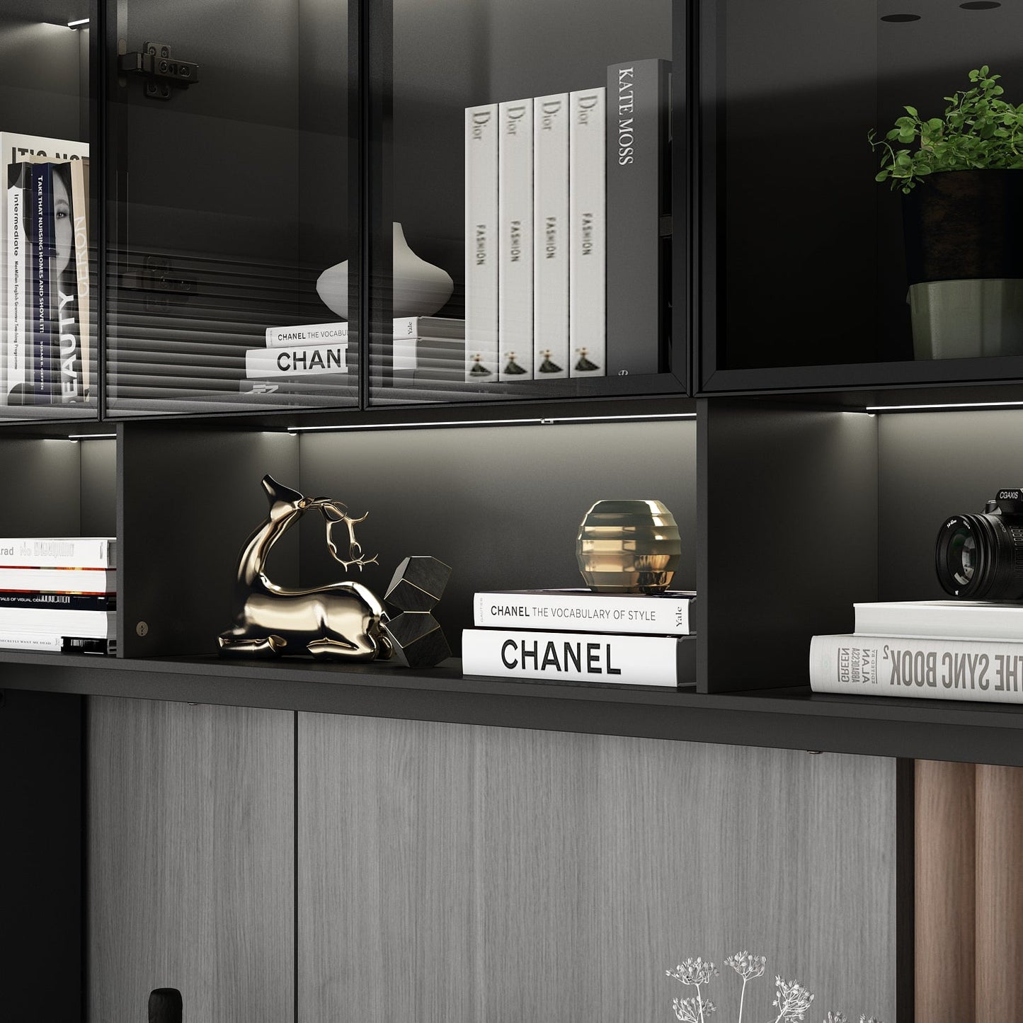 Bureau d'ordinateur de 90,6 pouces de large avec armoires vitrées