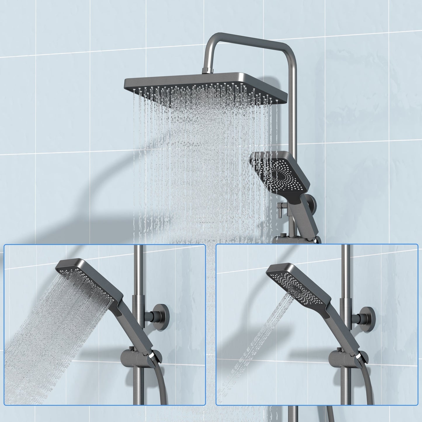 Système de douche complet avec écran LED, douchette à main, bec cascade et pistolet de douche