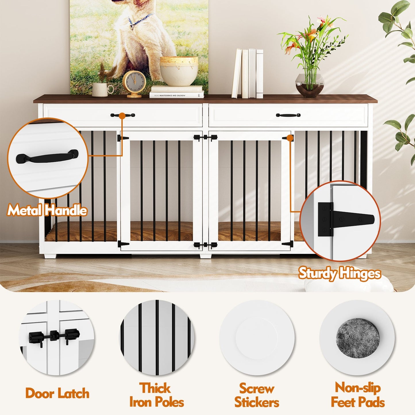 Grande cage en bois pour chien avec 2 tiroirs et séparateurs