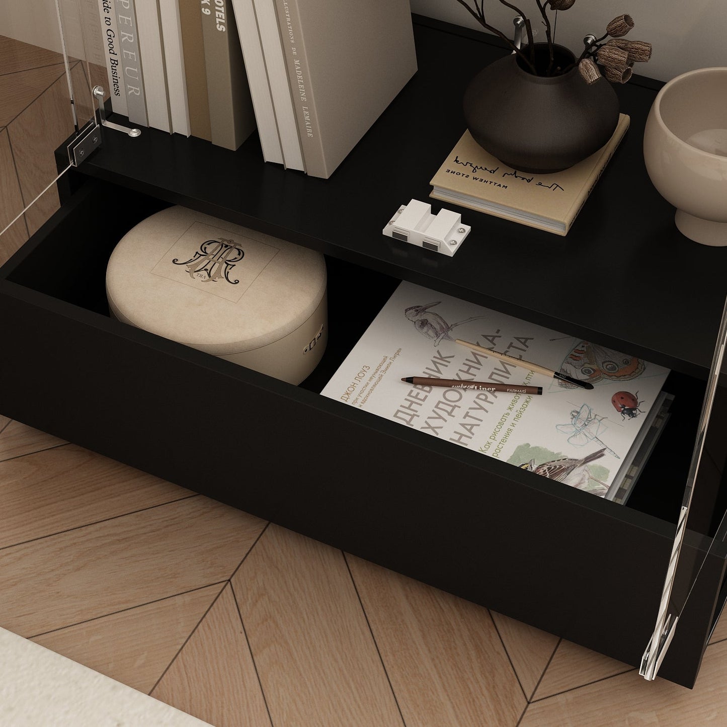 Bibliothèque vitrine transparente avec tiroir et serrure, 180 cm de hauteur x 70 cm de largeur