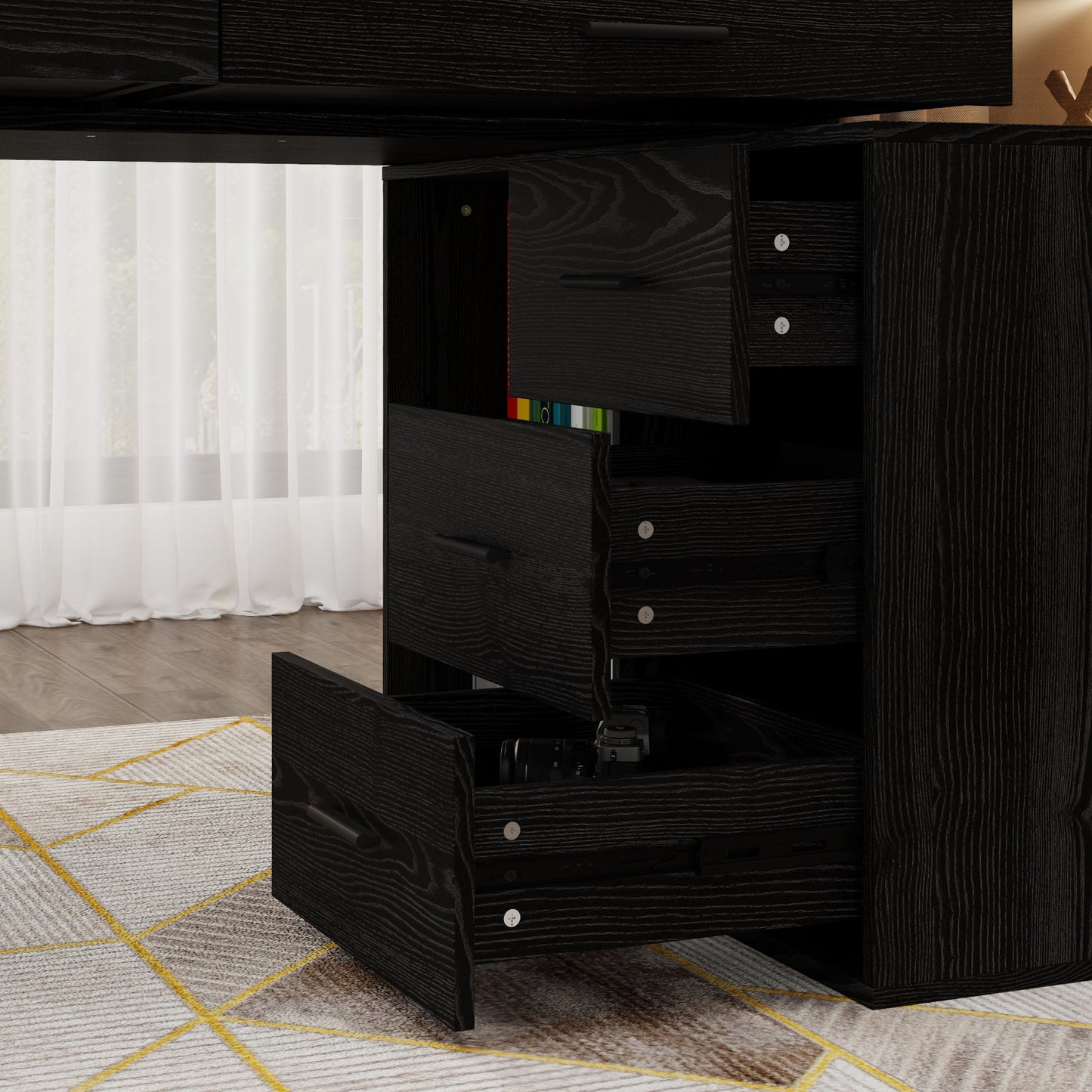 Bureau d'ordinateur à 5 tiroirs de 149 cm de large avec plateau en verre