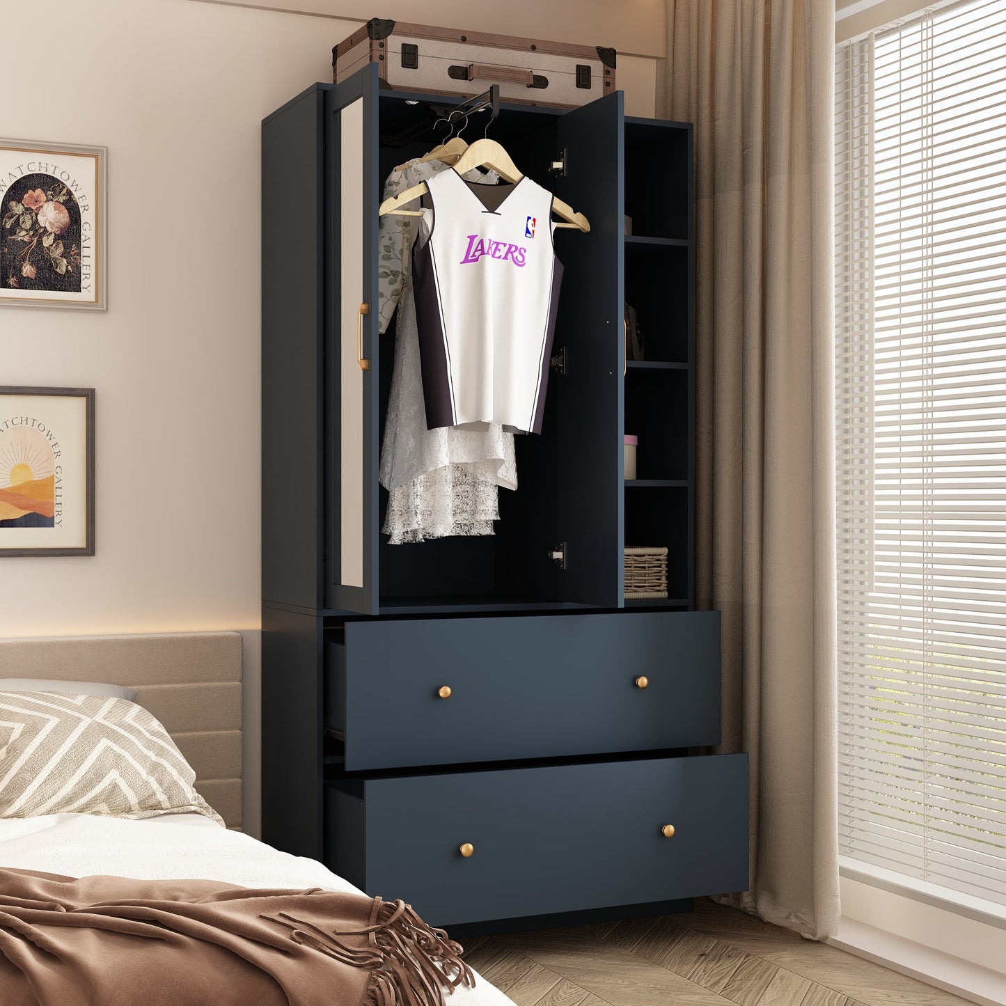 Armoire de rangement à 2 portes, 2 tiroirs et 1 miroir pour chambre à coucher