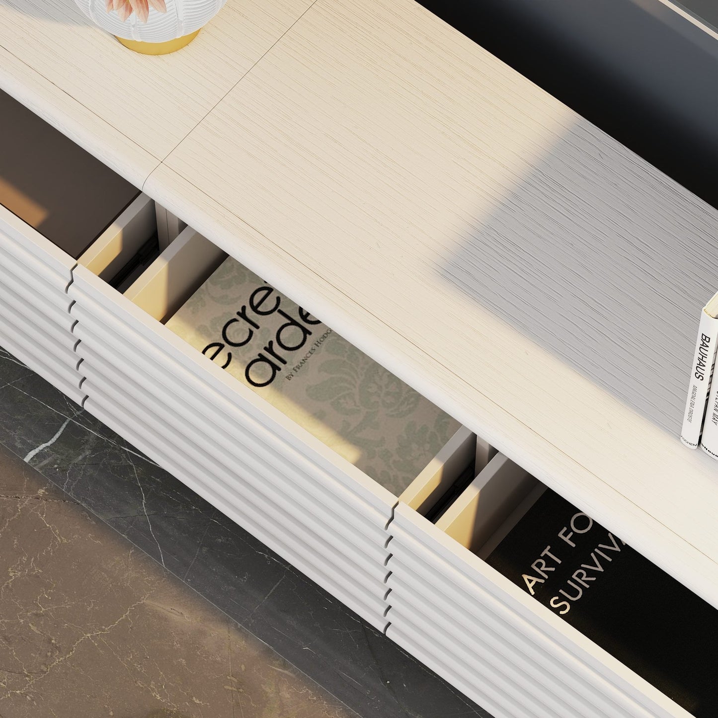 Meuble TV/console multimédia à 3 tiroirs et 2 placards, 78,5 po de largeur