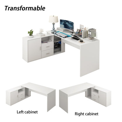 Bureau d'ordinateur en forme de L avec tiroirs et étagères, idéal pour écrire et jouer à domicile.