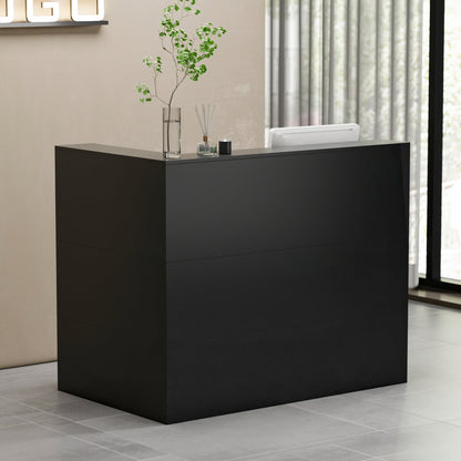 Bureau d'accueil en forme de L avec grands classeurs de rangement 