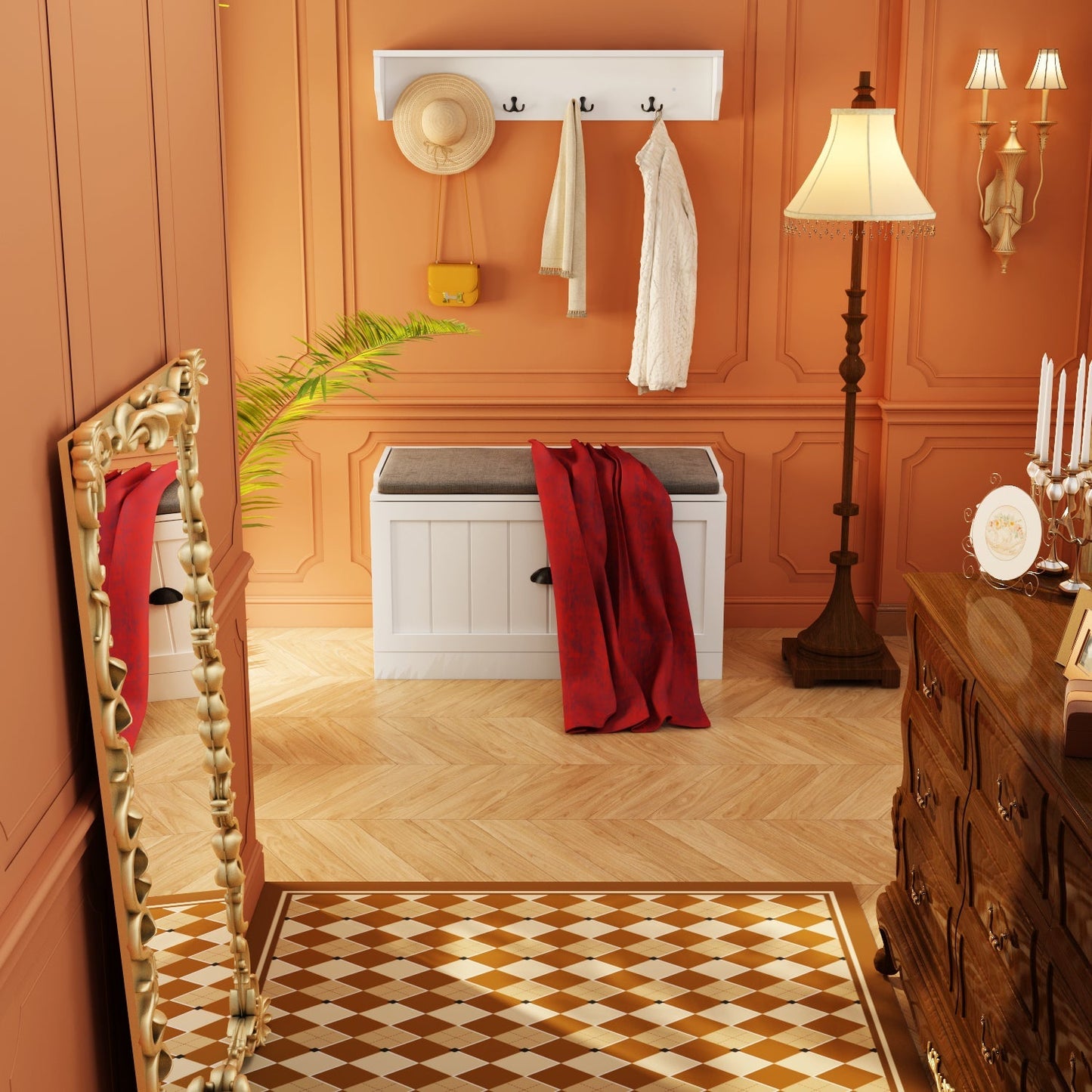 Meuble d'entrée avec étagère, rangement à chaussures et armoire à manteaux.