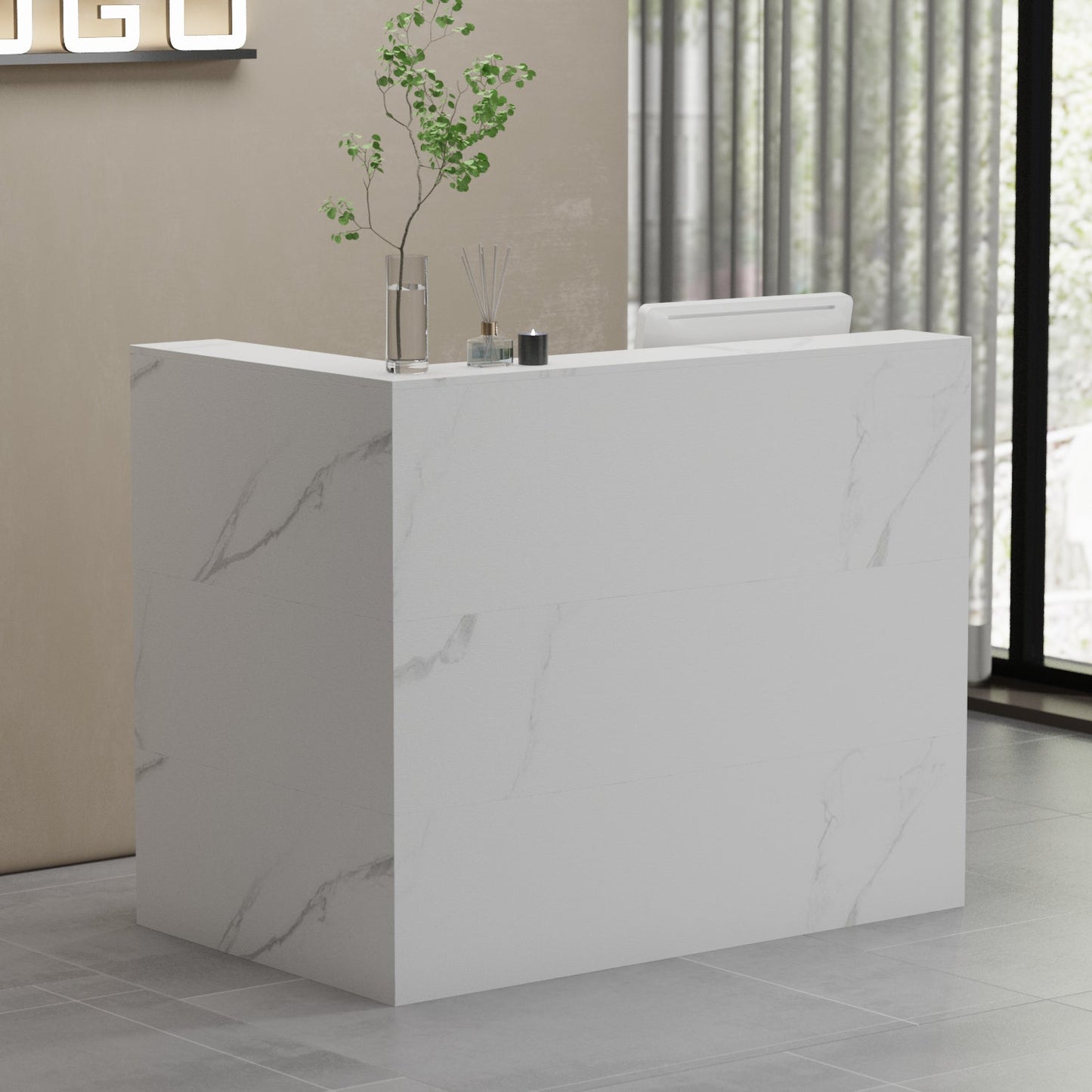 Bureau d'accueil en forme de L avec grands classeurs de rangement 