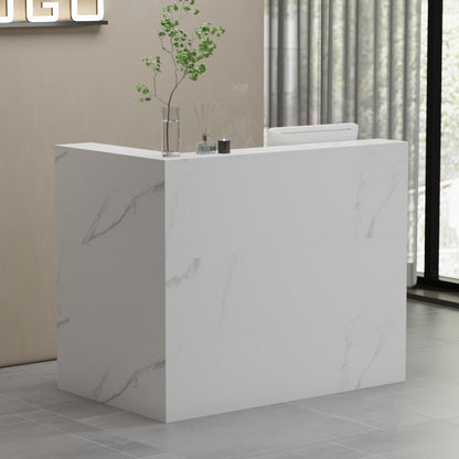 Bureau d'accueil en forme de L avec grands classeurs de rangement 