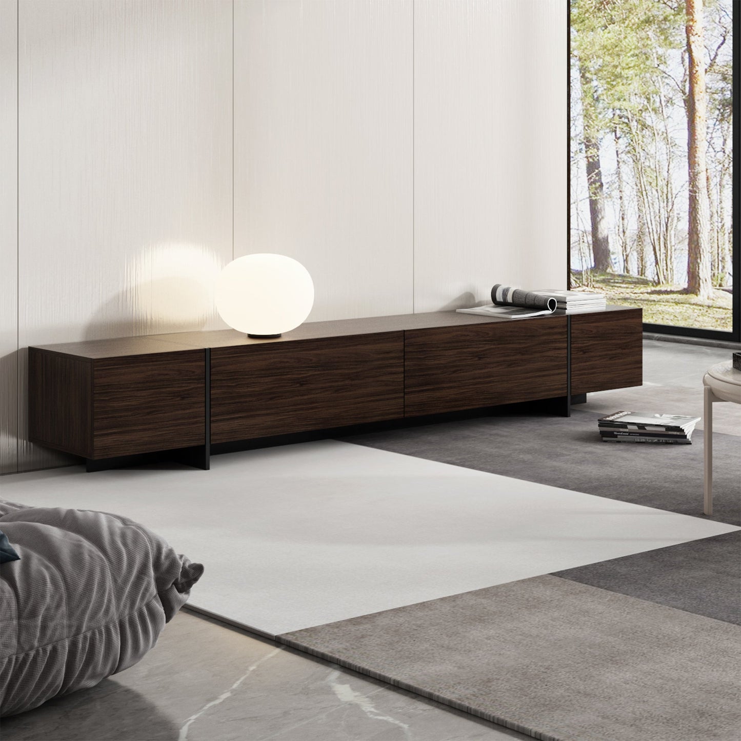 Meuble TV quatre portes à effet bois avec portes abattantes - 95,7 po (largeur)