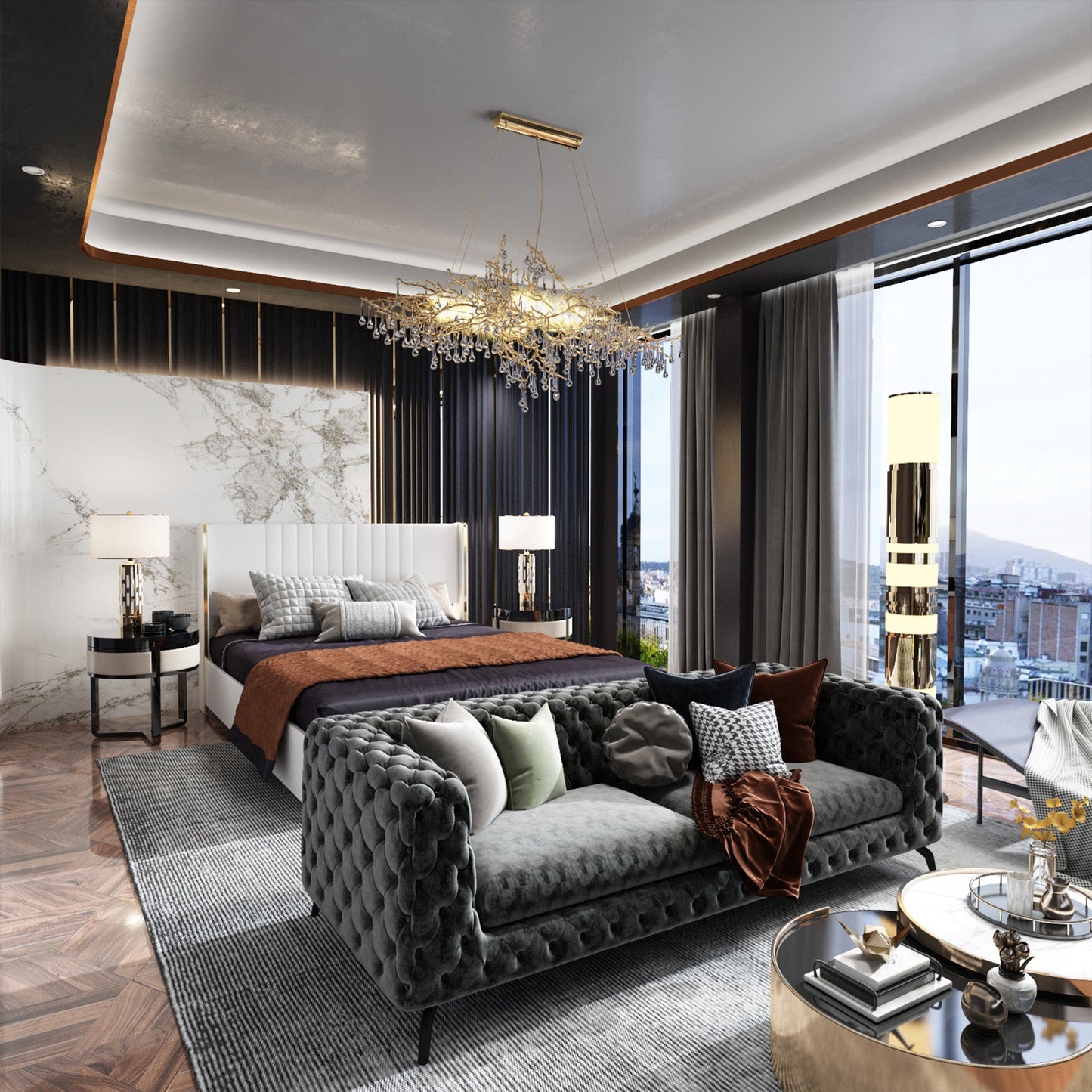 Lit élégant avec cadre durable et tête de lit confortable