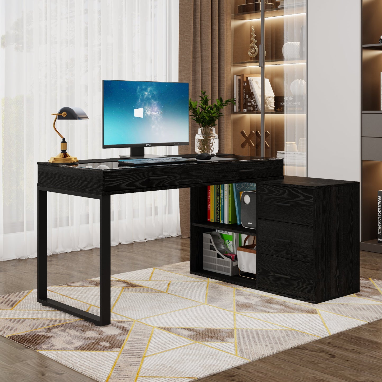 Bureau d'ordinateur à 5 tiroirs de 149 cm de large avec plateau en verre
