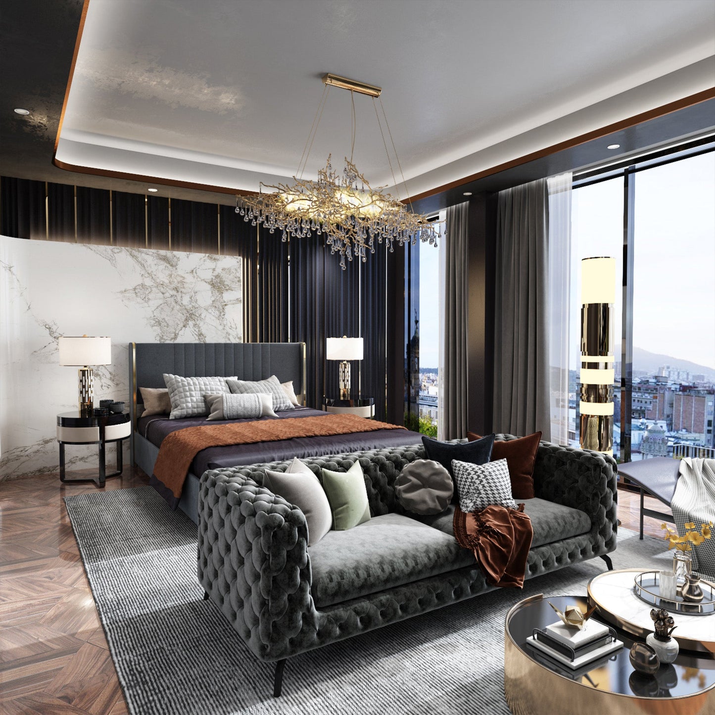 Lit élégant avec cadre durable et tête de lit confortable