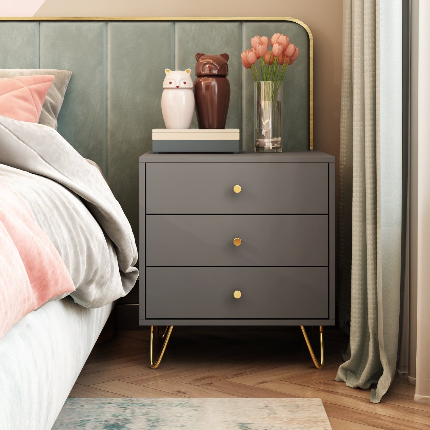 Table de chevet moderne avec pieds en bois massif, table d'appoint minimaliste et polyvalente à 3 tiroirs