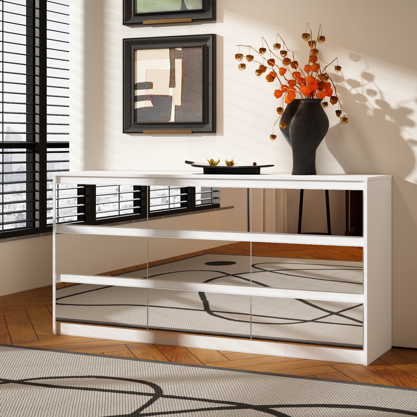 Buffet large à trois tiroirs avec rangement et 9 tiroirs