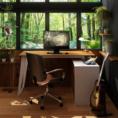 Bureau d'angle en forme de L avec tiroirs, finition bois brun.