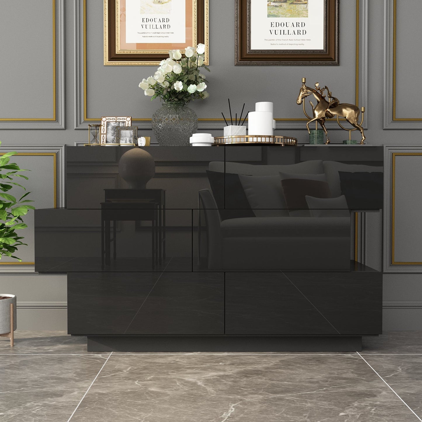Commode double laquée brillante, buffet à 6 tiroirs pour salon