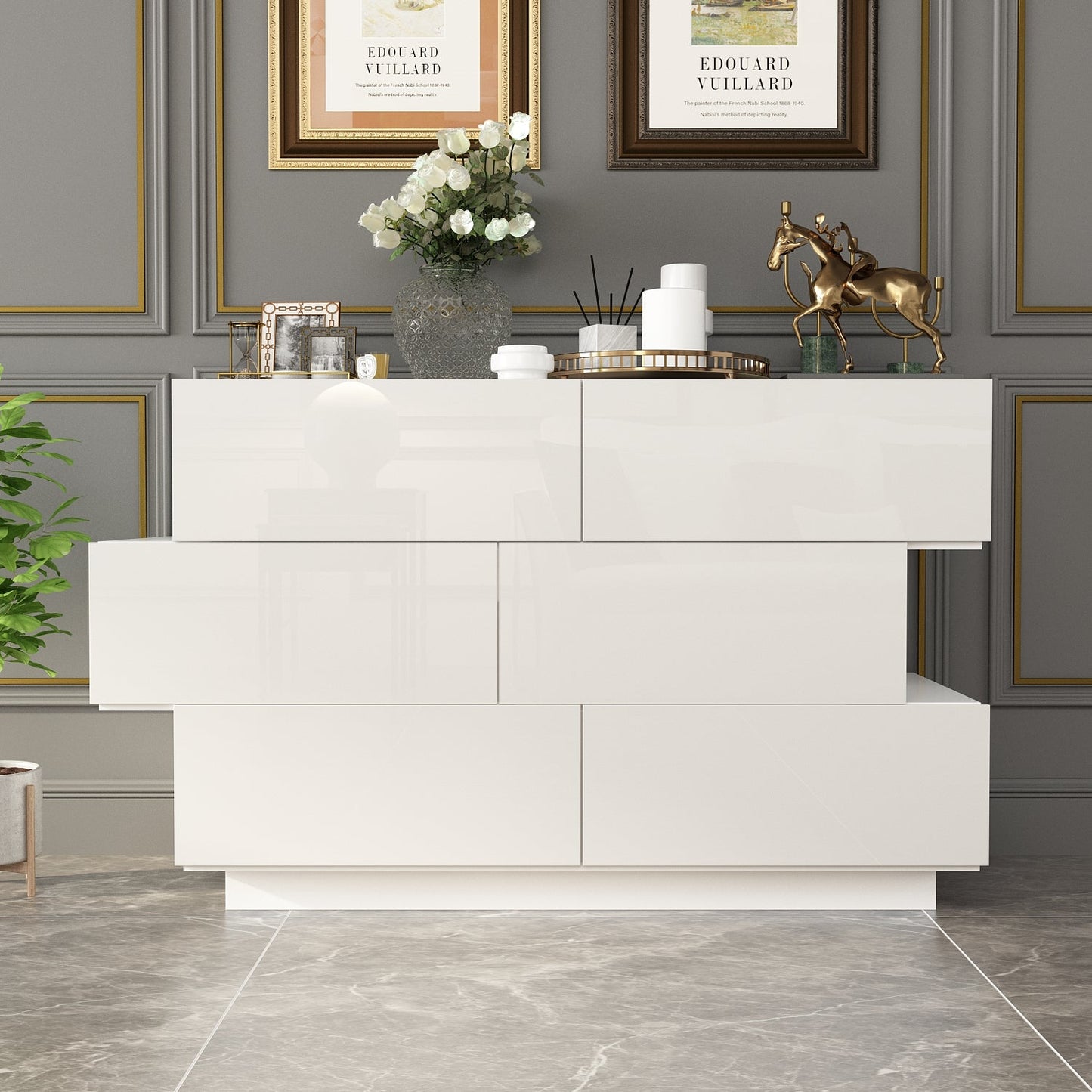 Commode double laquée brillante, buffet à 6 tiroirs pour salon
