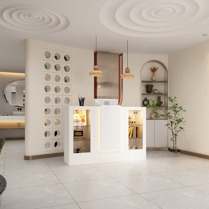 Comptoir d'accueil de 150 cm de large avec vitrines, éclairage LED et verre transparent