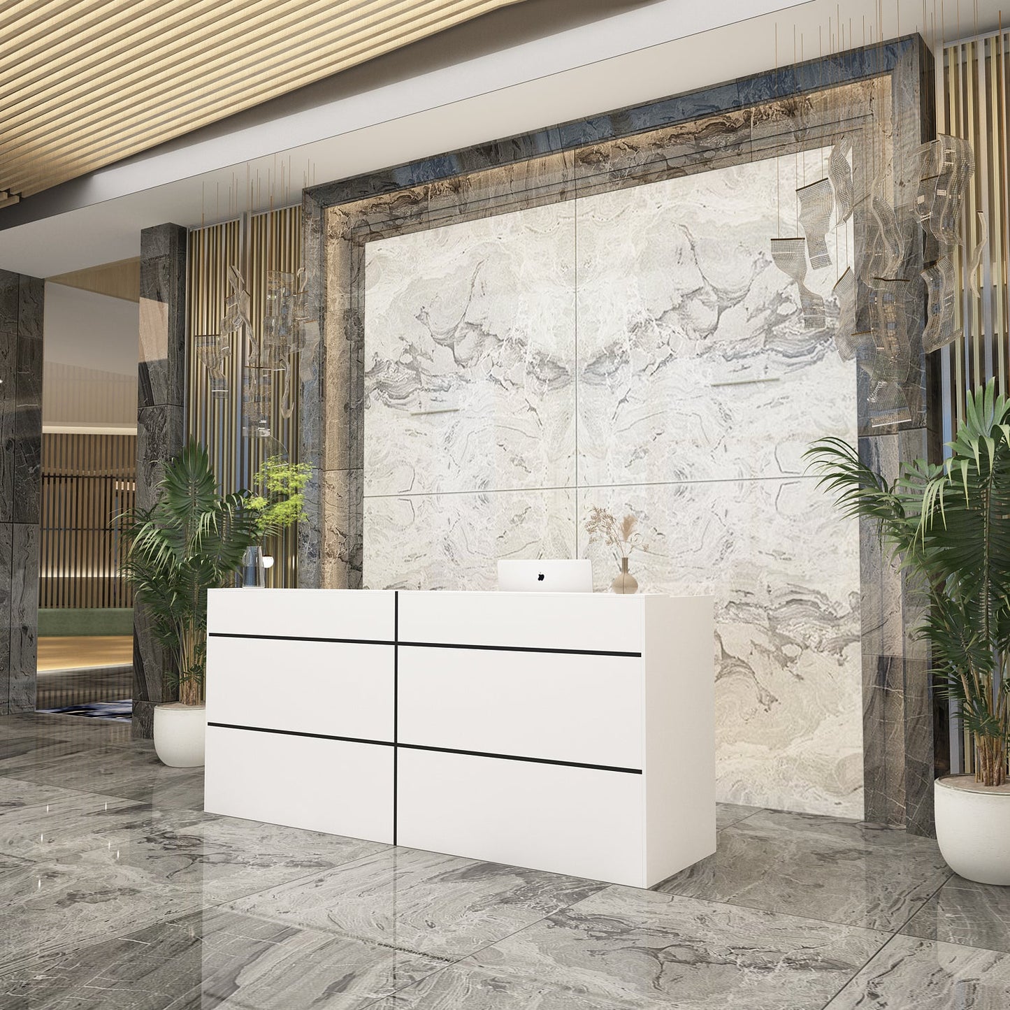 Bureau d'accueil rectangulaire en bois massif et composite