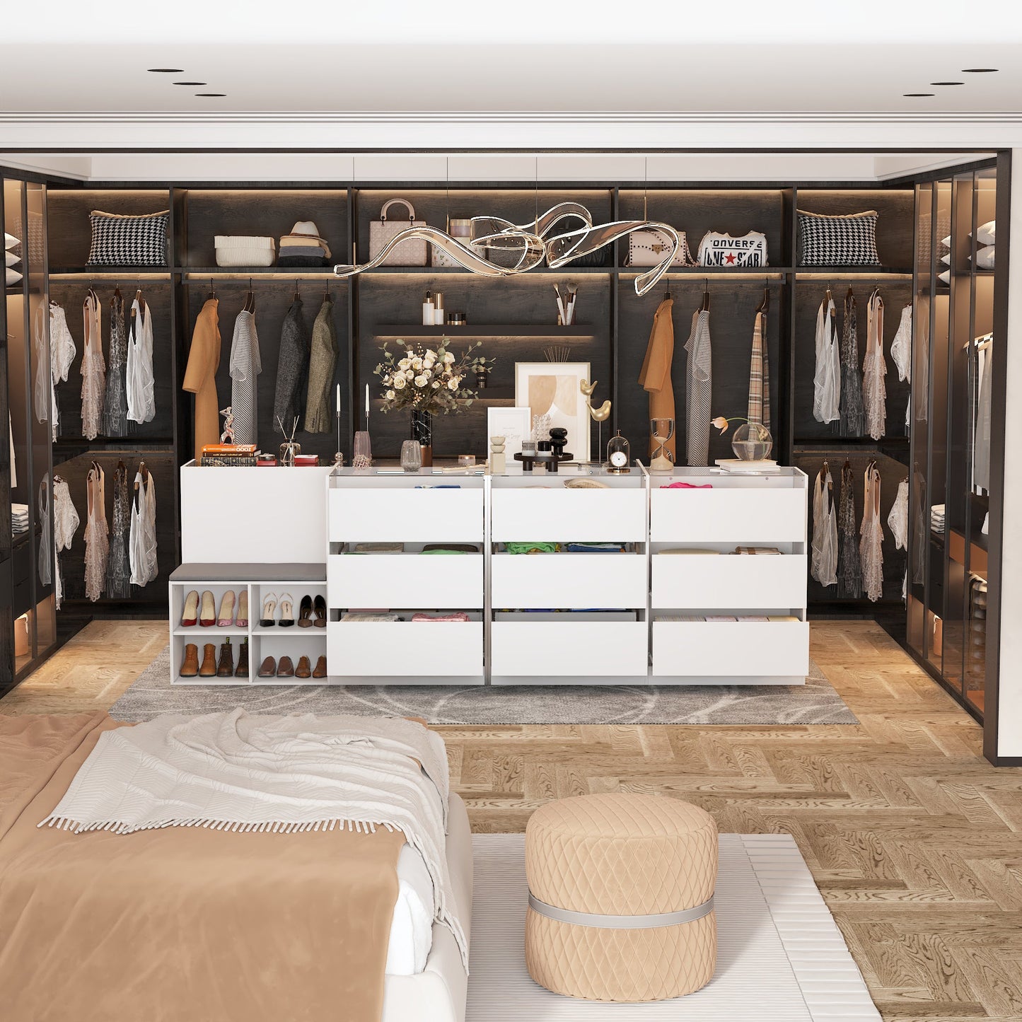 Commode à 9 tiroirs et 4 étagères avec plateau et banquette confortable