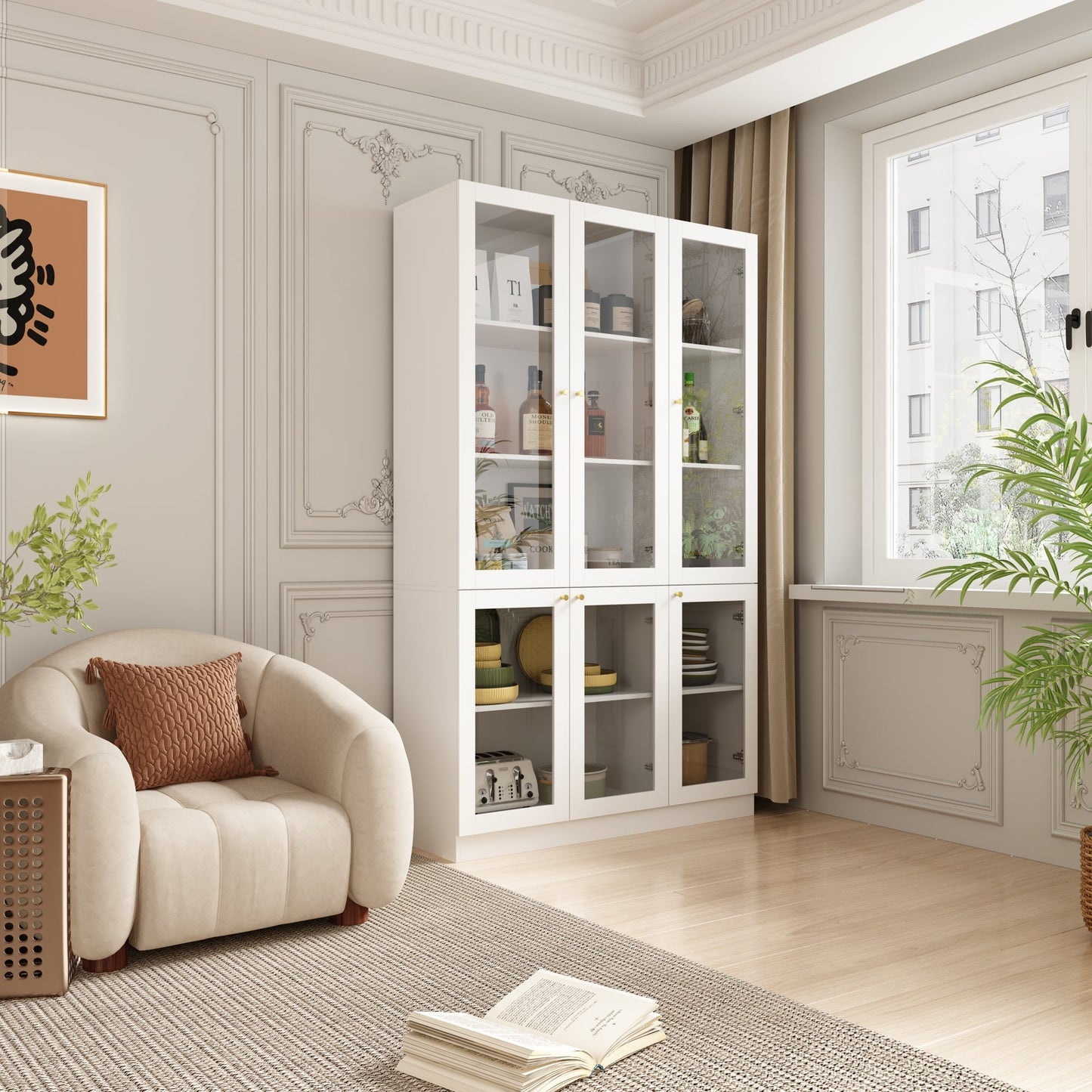 Bibliothèque haute à 6 portes vitrées et poignées coniques dorées