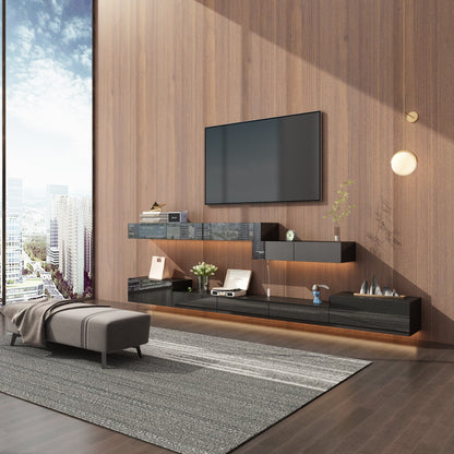 Meuble TV 2 pièces laqué brillant avec éclairage