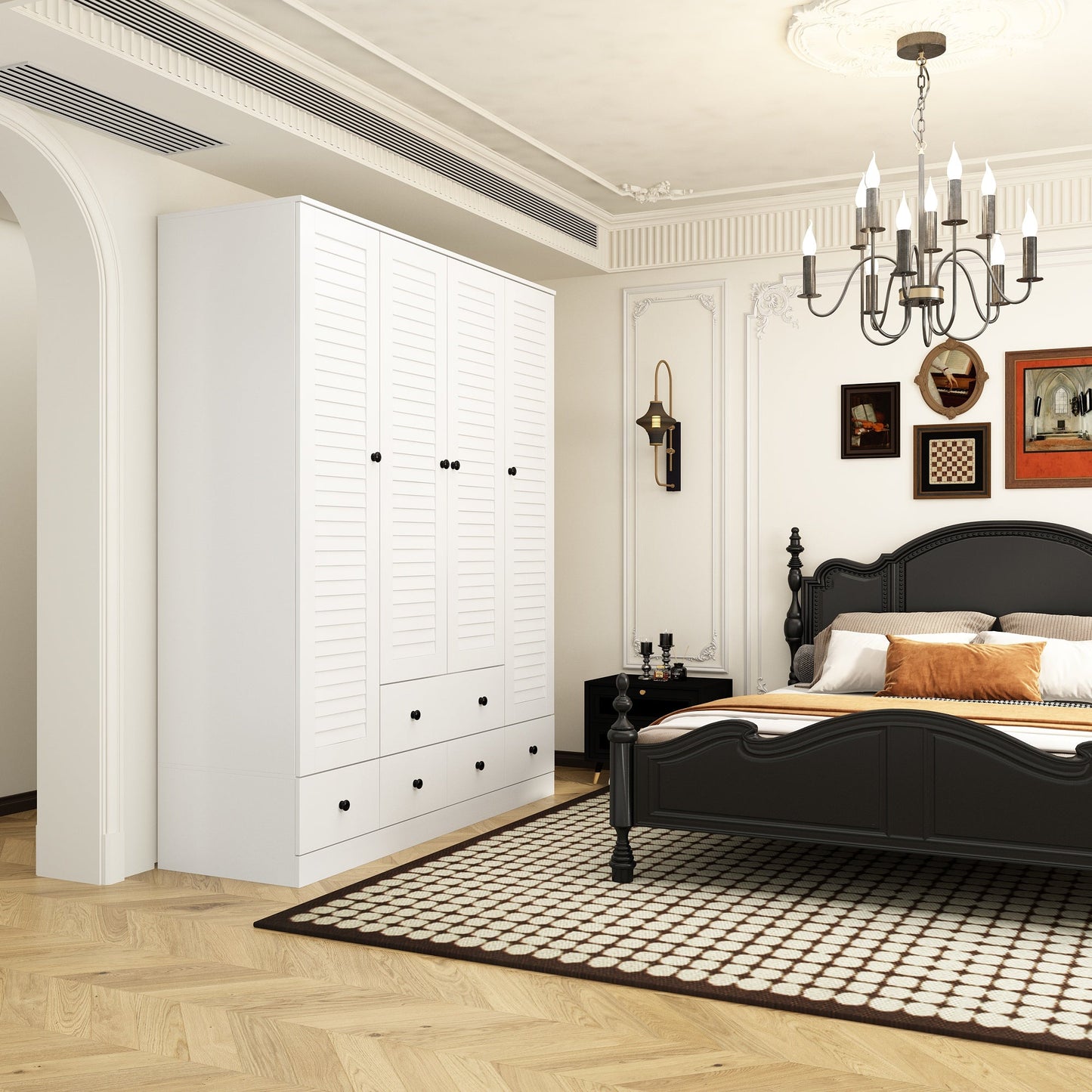 Grande armoire-penderie pour chambre à coucher, meuble de rangement à 4 portes et 5 tiroirs