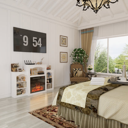 Meuble TV avec cheminée chauffante blanche de 150 cm de large, étagères ouvertes et minuterie