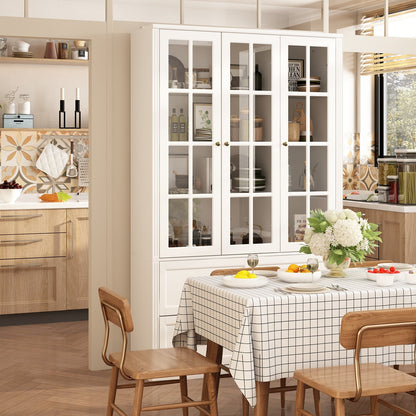 Grande bibliothèque vitrine avec étagères de rangement, 3 portes vitrées et 4 tiroirs avec poignées en métal