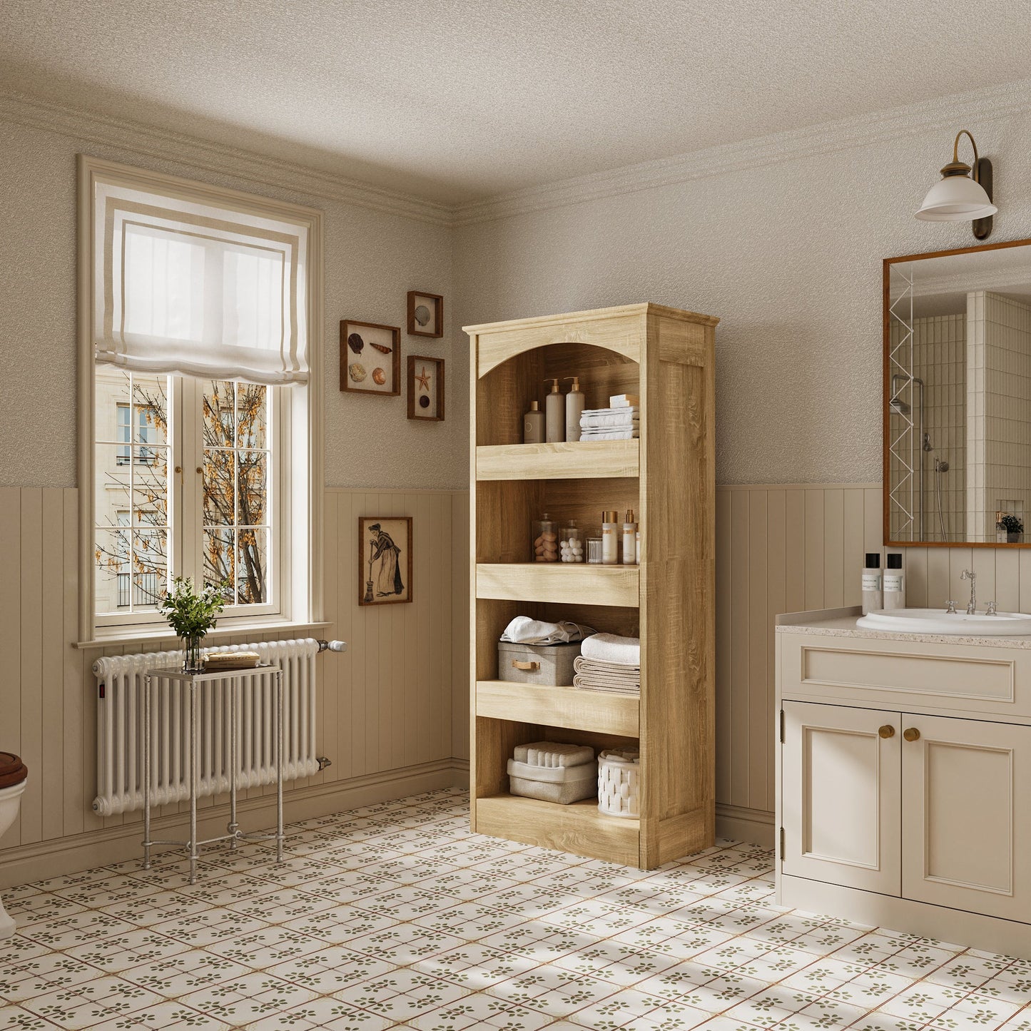 Armoire à linge de salle de bain élégante avec tiroirs dissimulés et étagères ouvertes