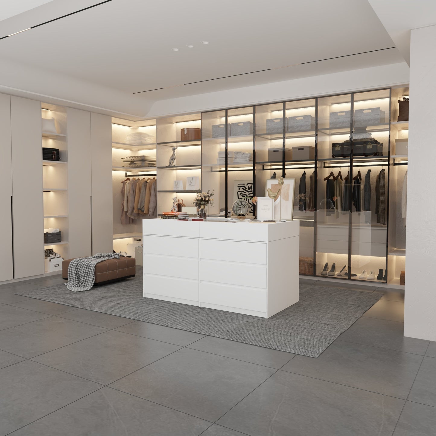 Commode à 12 tiroirs et 1 étagère, au design élégant et au plateau en verre trempé