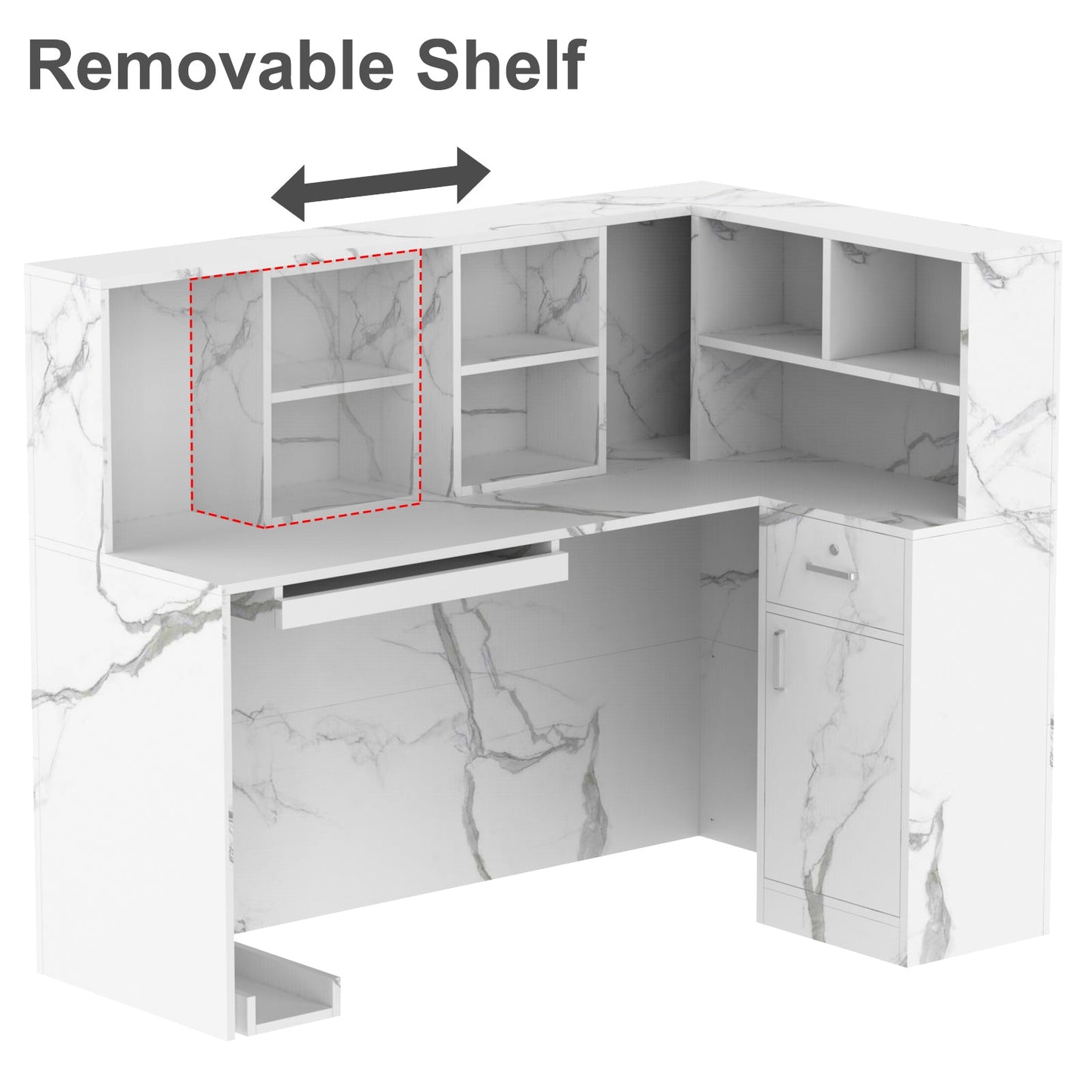 Bureau d'accueil en forme de L avec grands classeurs de rangement 