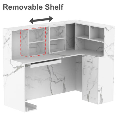 Bureau d'accueil en forme de L avec grands classeurs de rangement 
