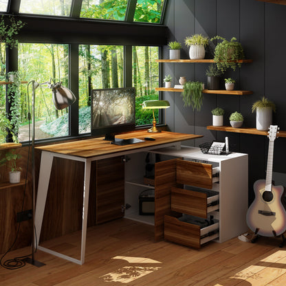 Bureau d'angle en forme de L avec tiroirs, finition bois brun.