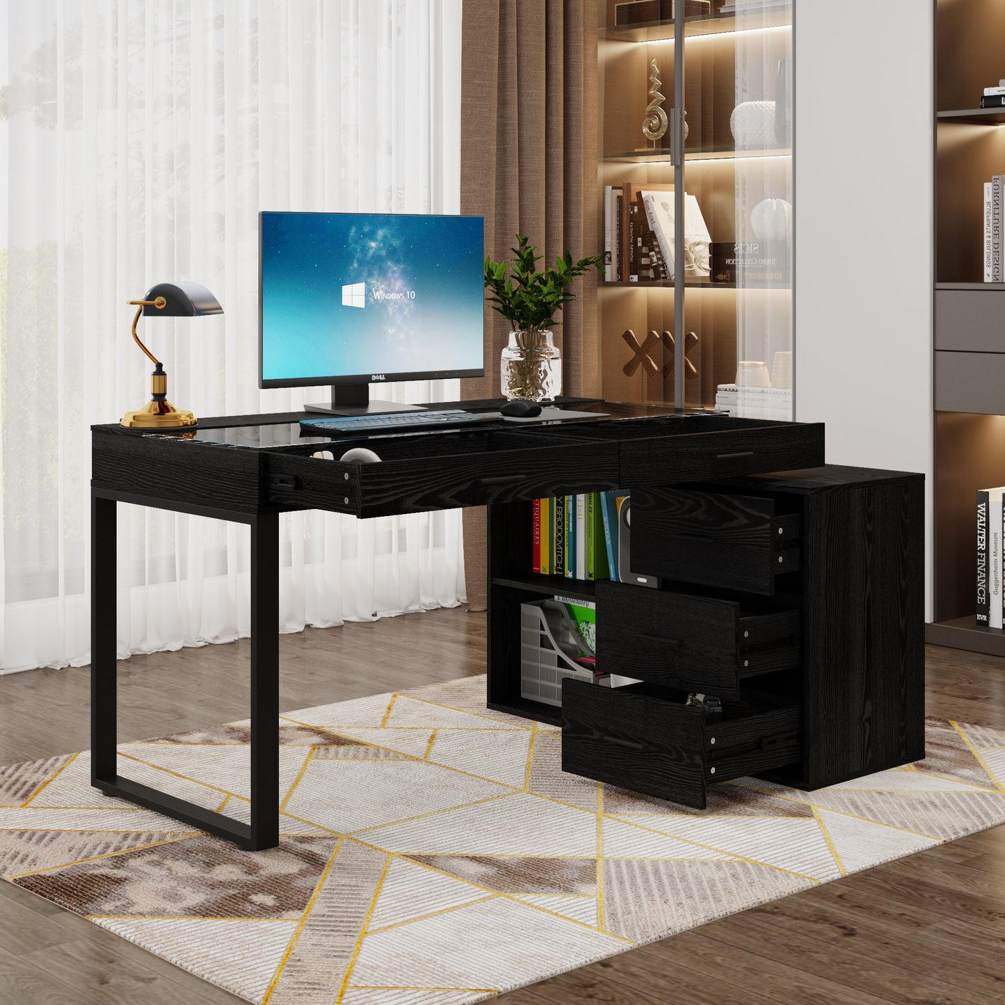 Bureau d'ordinateur à 5 tiroirs de 149 cm de large avec plateau en verre