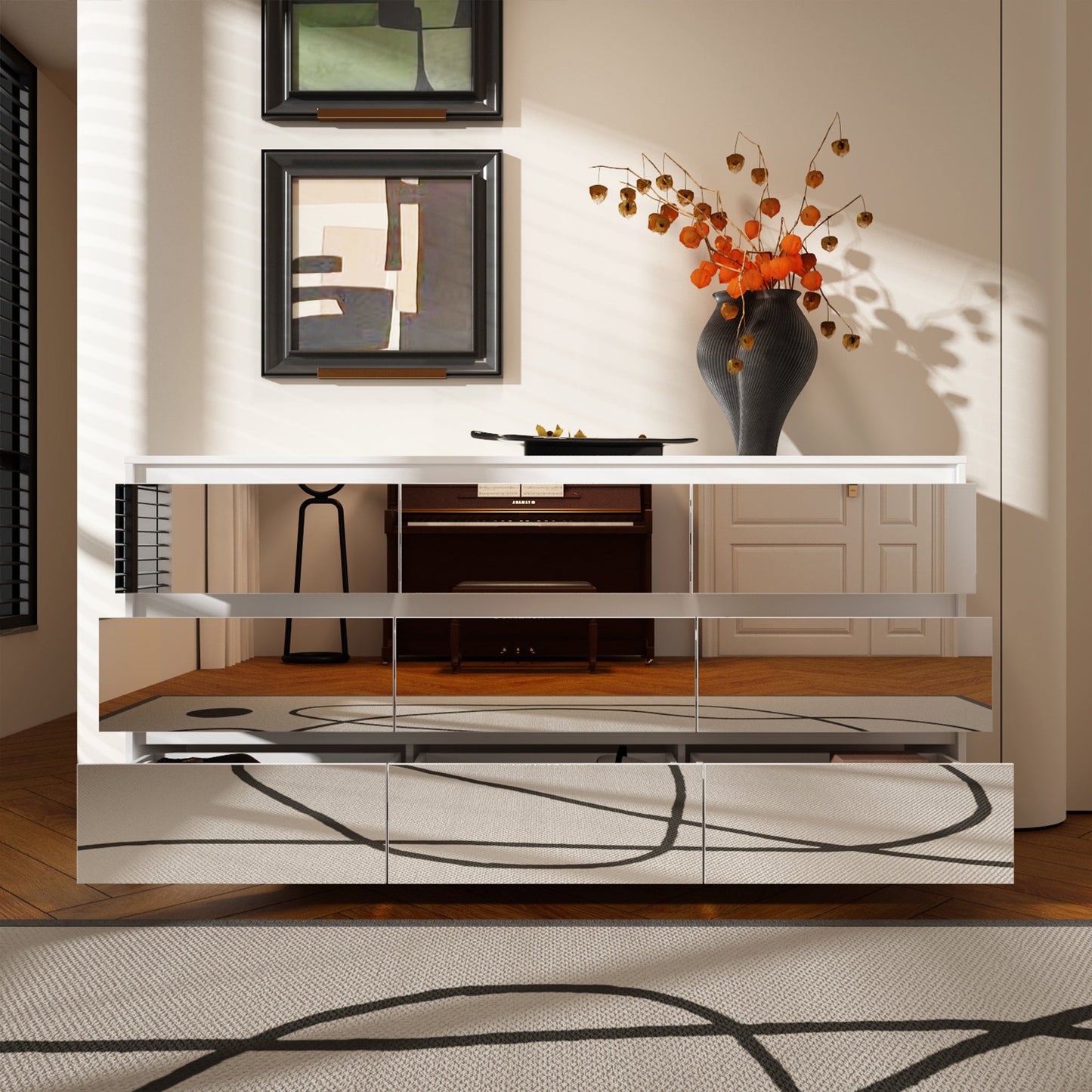 Buffet large à trois tiroirs avec rangement et 9 tiroirs