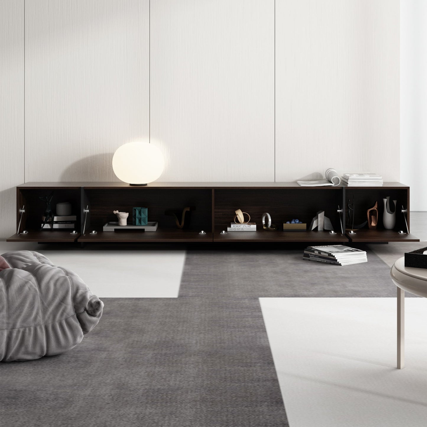 Meuble TV quatre portes à effet bois avec portes abattantes - 95,7 po (largeur)