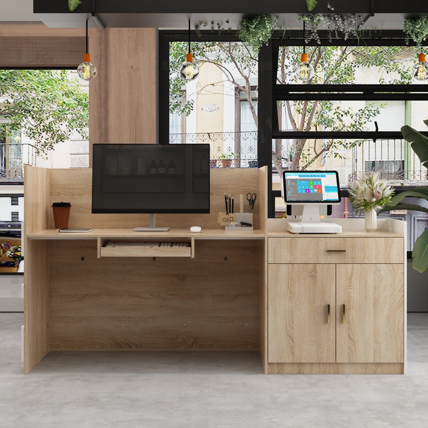 Bureau d'accueil rectangulaire de 87,2 po de largeur avec tiroir et plateau pour clavier